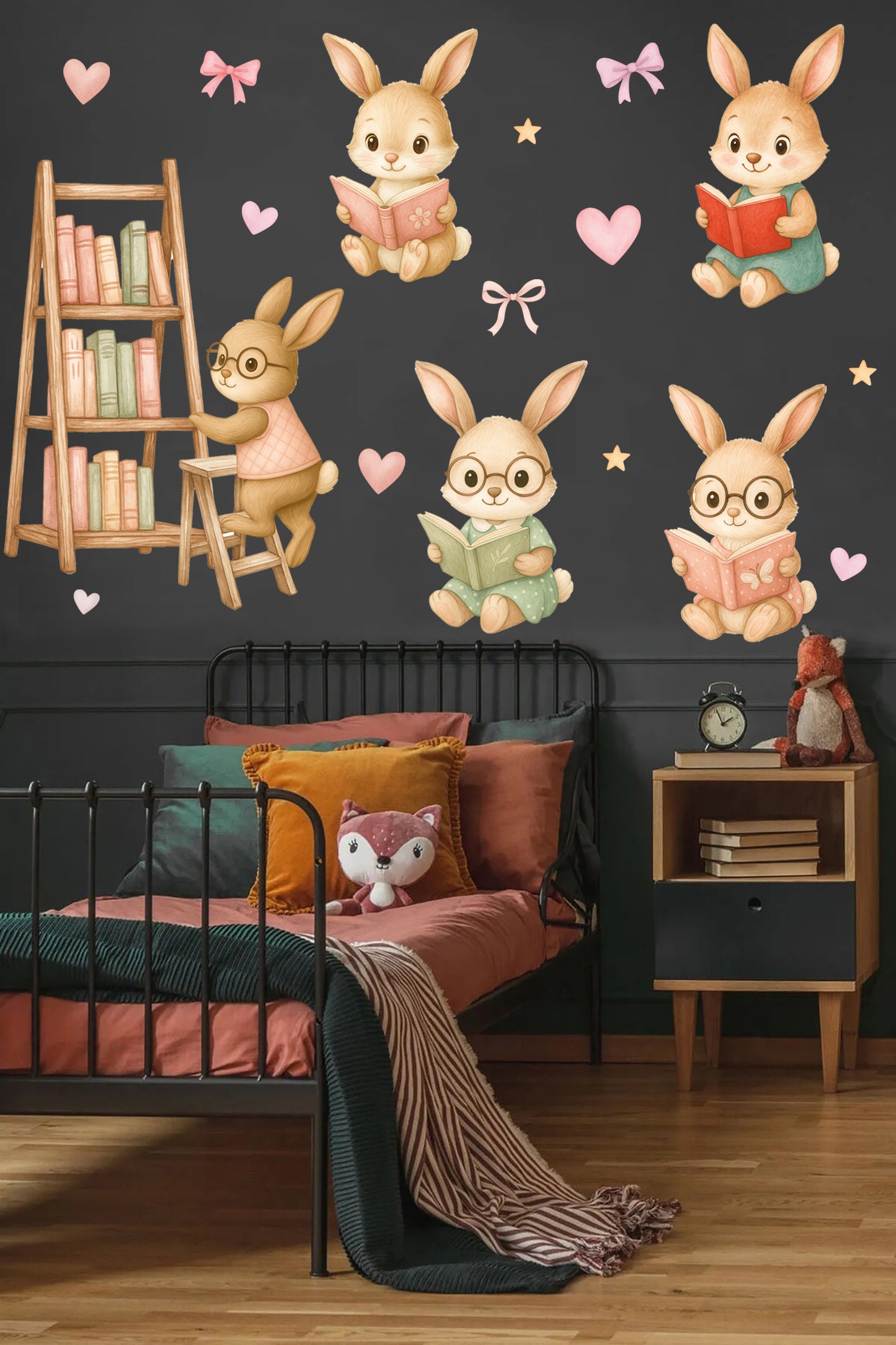 Okuma Zamanı Sevimli Tavşanlar Sulu Boya Çocuk Odası Duvar Sticker Seti