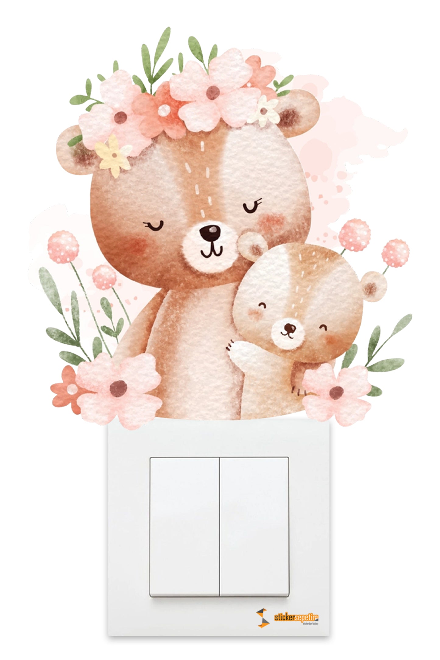 Sevimli Anne ve Yavru Ayıcık Çiçekler Çocuk Odası Duvar Sticker - Priz Sticker