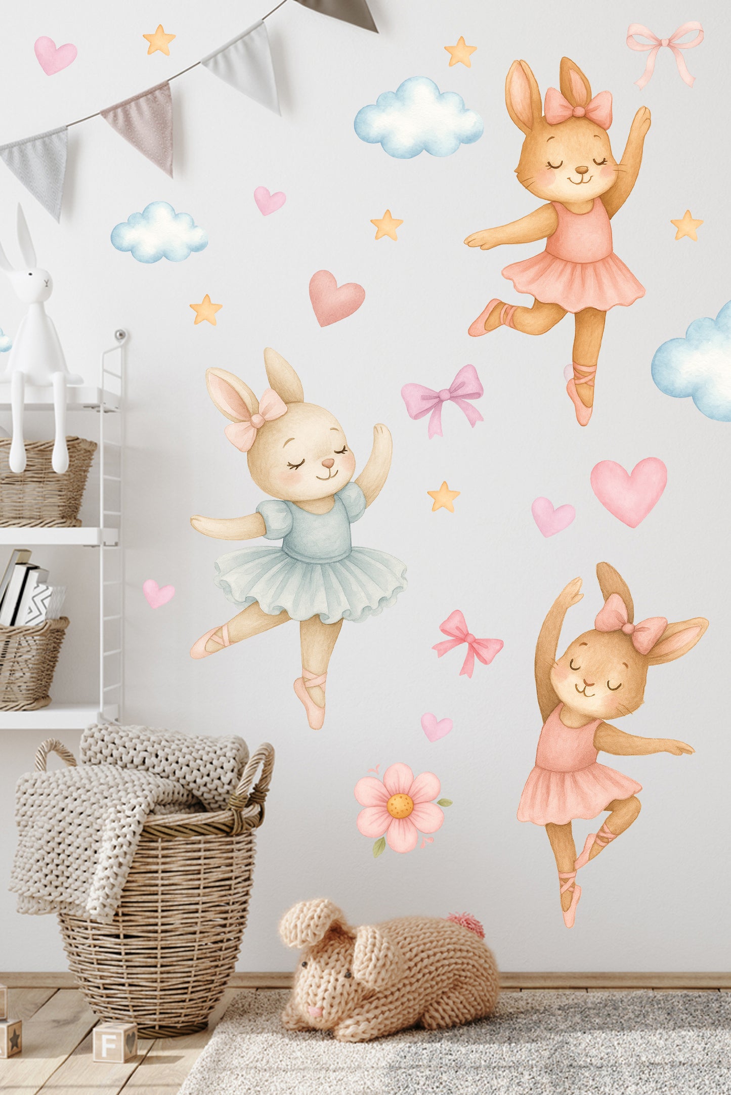Sulu Boya Balerin Tavşanlar Çocuk Odası Duvar Sticker Seti – Pastel Pembe Mavi Dekor