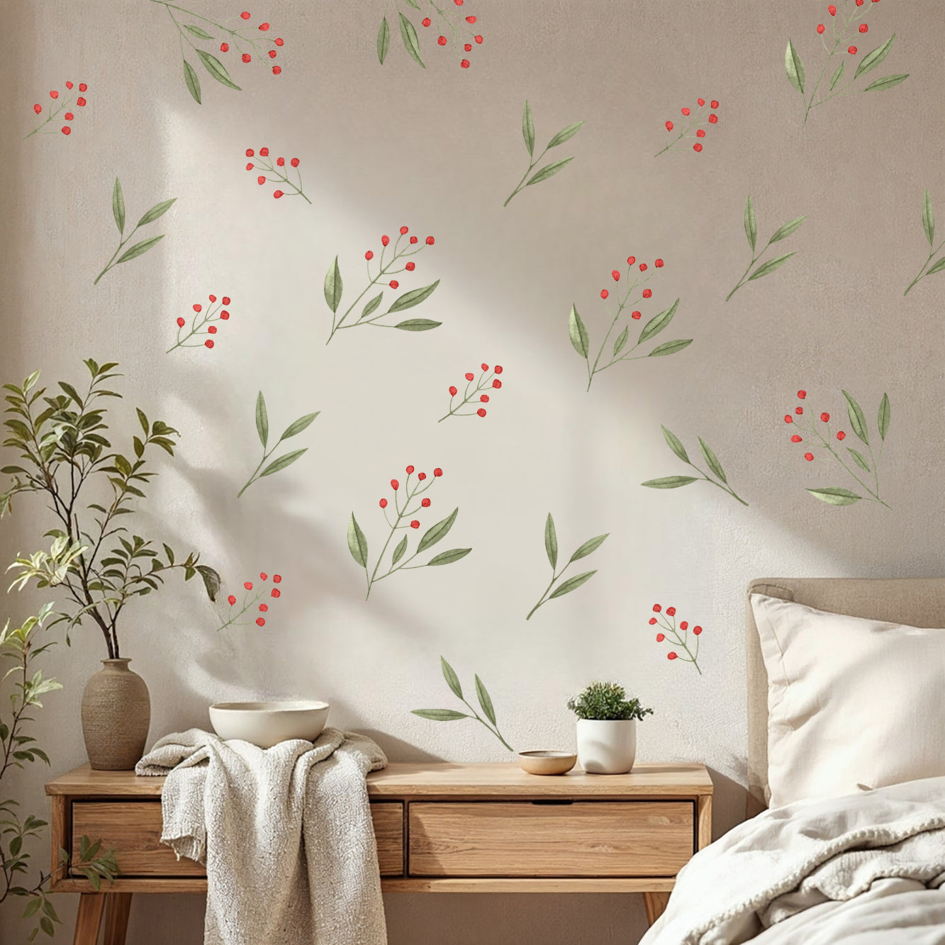 Çiçek ve Yaprak Desenli Pastel Tonlu Duvar Sticker Seti