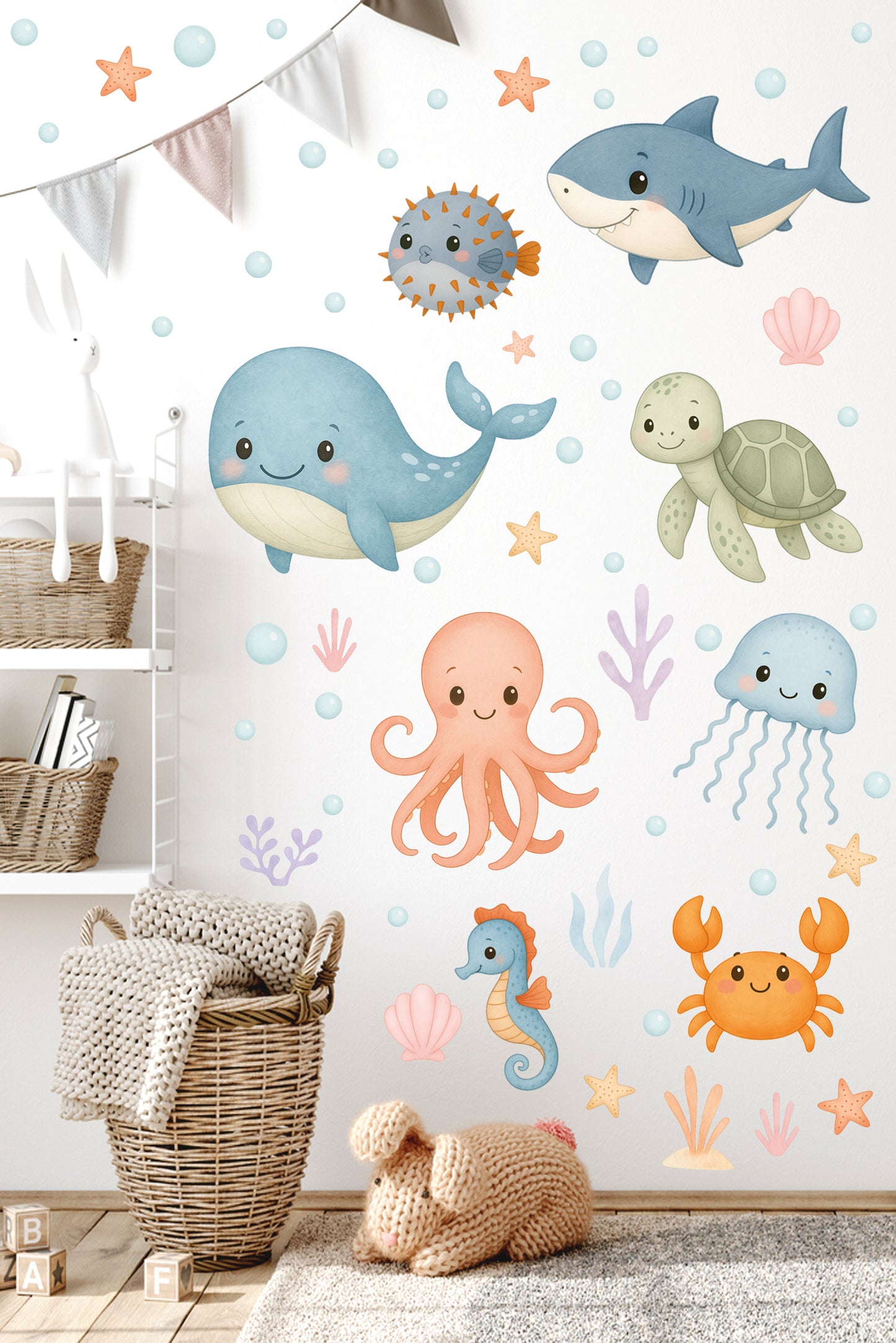 Sevimli Pastel Deniz Canlıları – Balık, Yengeç, Ahtapot, Kaplumbağa Duşakabin & Banyo Duvar Sticker Seti