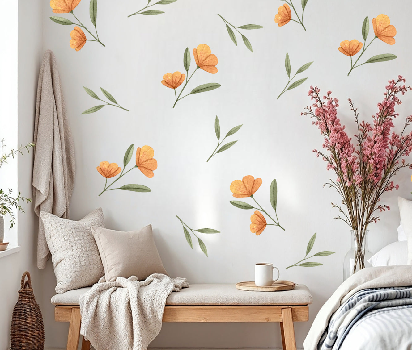 Turuncu Çiçekler ve Yapraklar Pastel Tonlu Duvar Sticker Seti