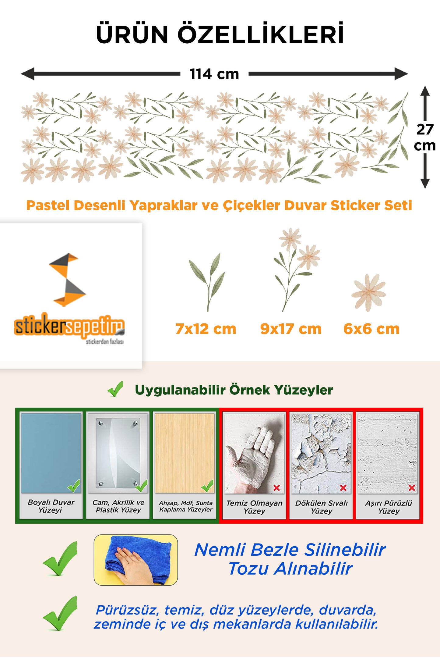 Pastel Desenli Yapraklar ve Çiçekler Duvar Sticker Seti