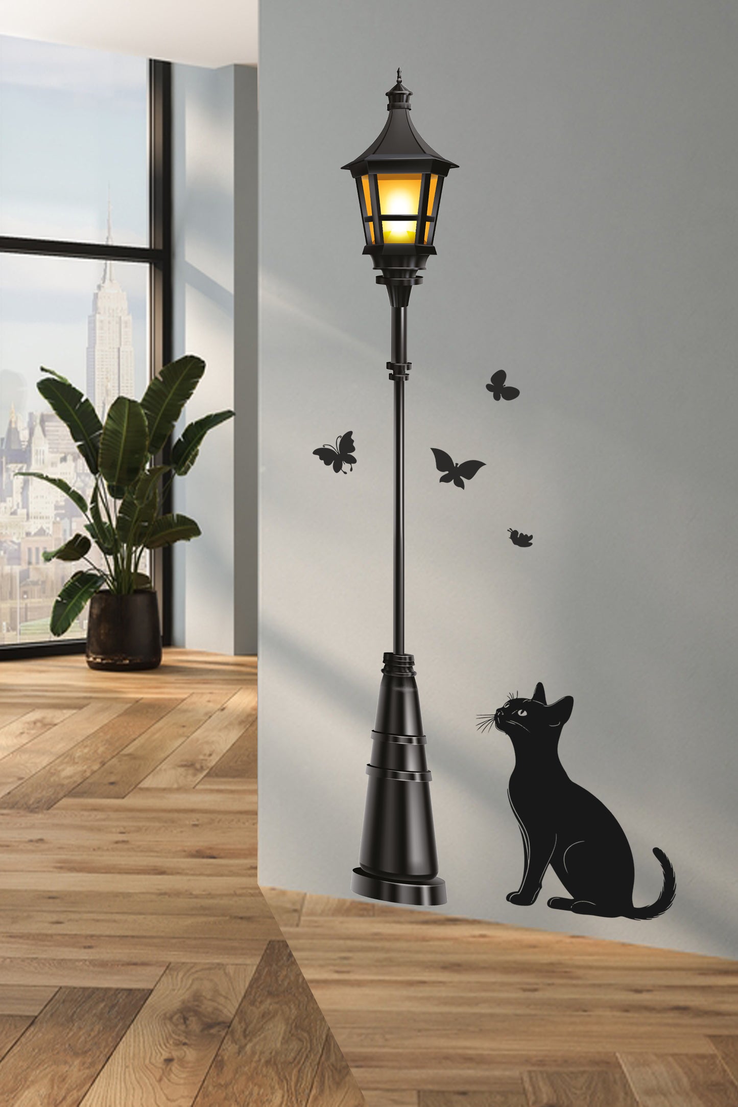 Sokak Lambası Bakan Kedi ve Kelebekler II Dekotaratif Duvar Sticker