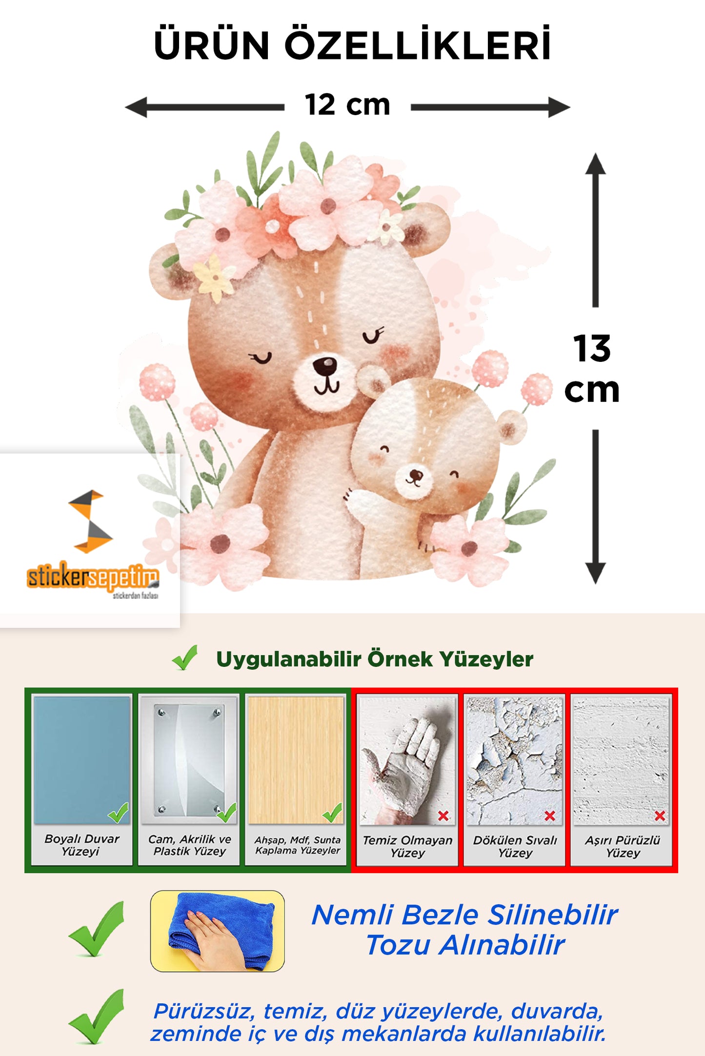 Sevimli Anne ve Yavru Ayıcık Çiçekler Çocuk Odası Duvar Sticker - Priz Sticker