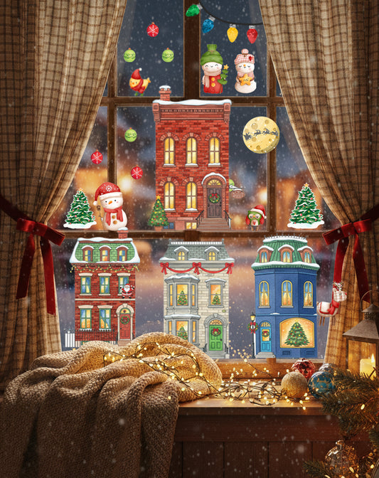 Christmas Karlı Şehir ve Yılbaşı Evi Cam Sticker Seti – Yeni Yıl, Kış Konsepti Duvar ve Pencere Dekoru