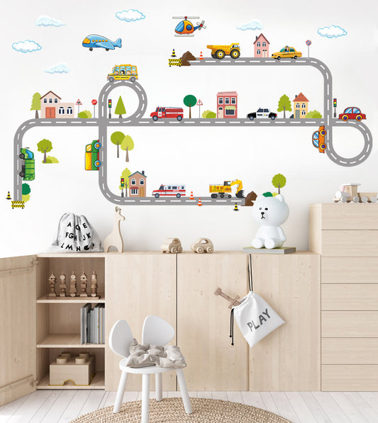Kasaba Temalı Yol ve Araçlar Çocuk Odası Duvar Stickerı Duvar Dekoru