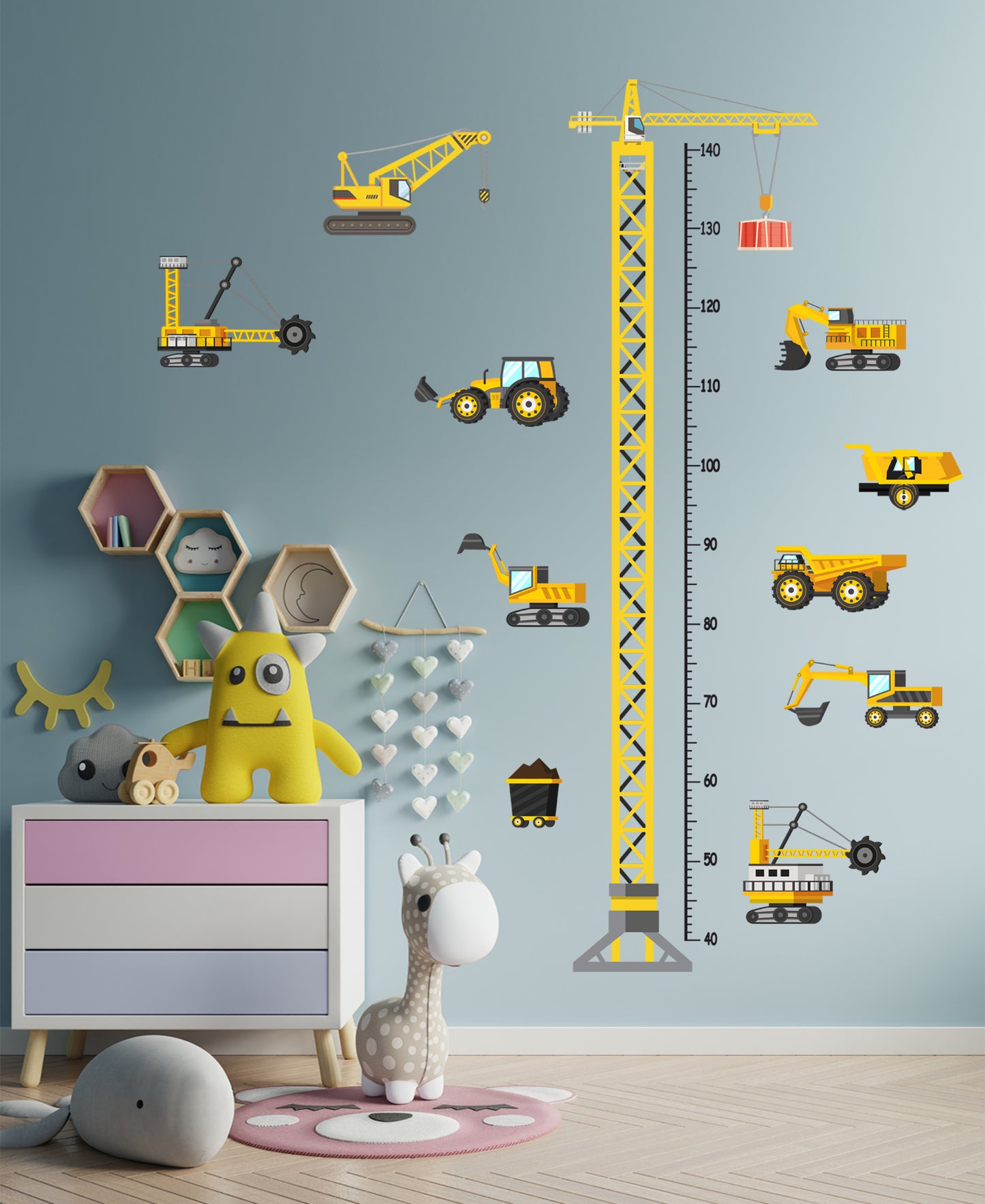 Vinç ve Minik İş Makineleri Boy Ölçer Çocuk Odası Duvar Sticker