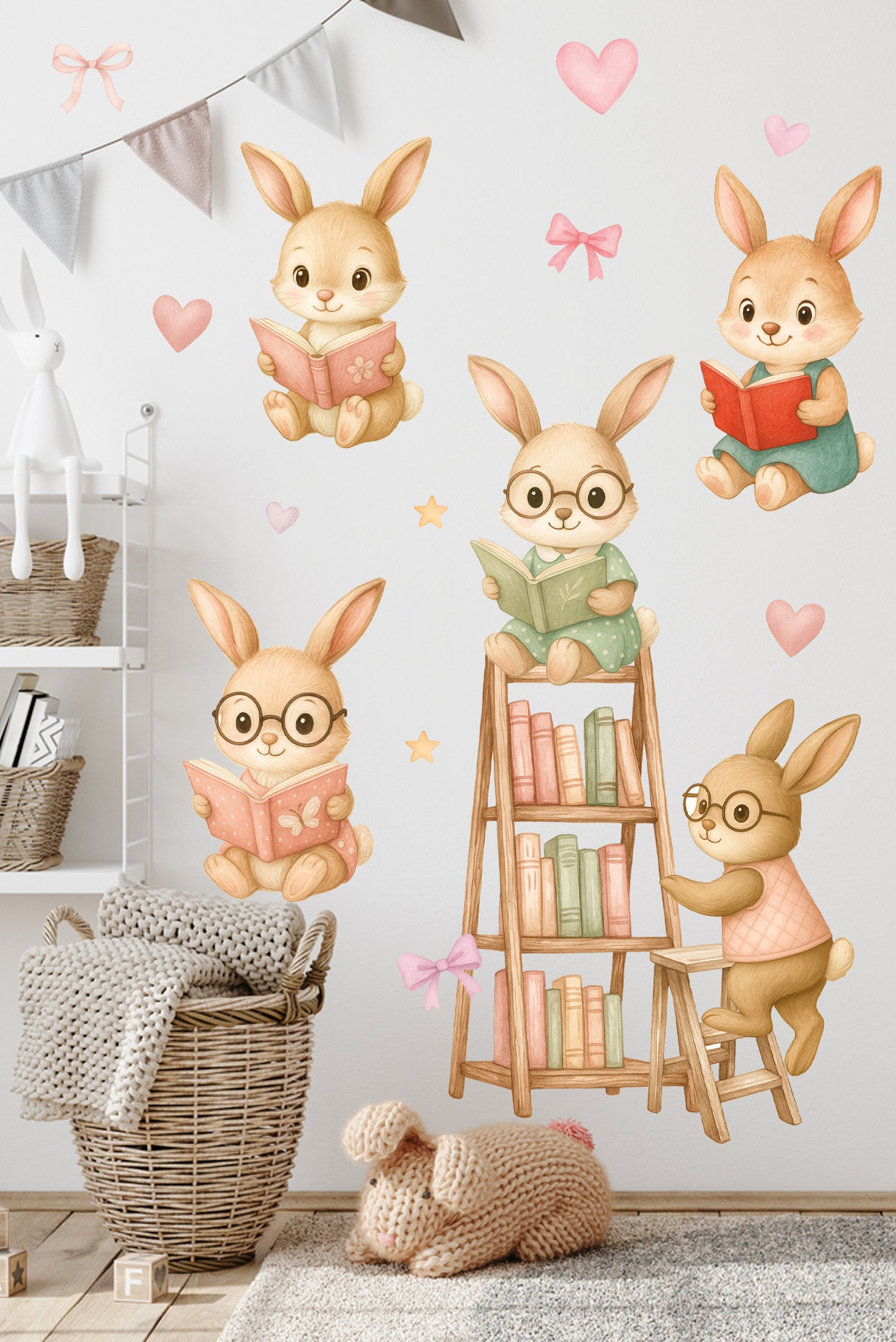 Okuma Zamanı Sevimli Tavşanlar Sulu Boya Çocuk Odası Duvar Sticker Seti