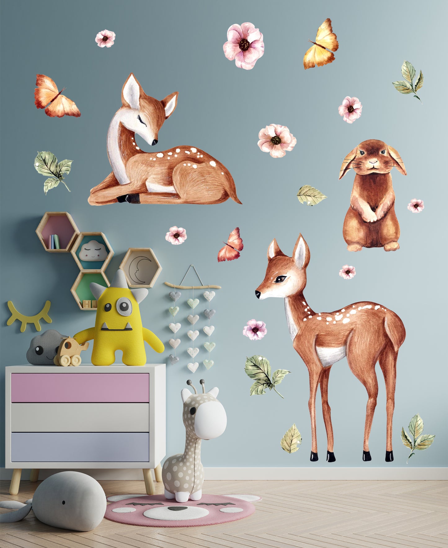 Sulu Boya Temalı Orman Dostları Sevimli Tavşan ve Yavru Ceylanlar Çocuk Odası Duvar Sticker
