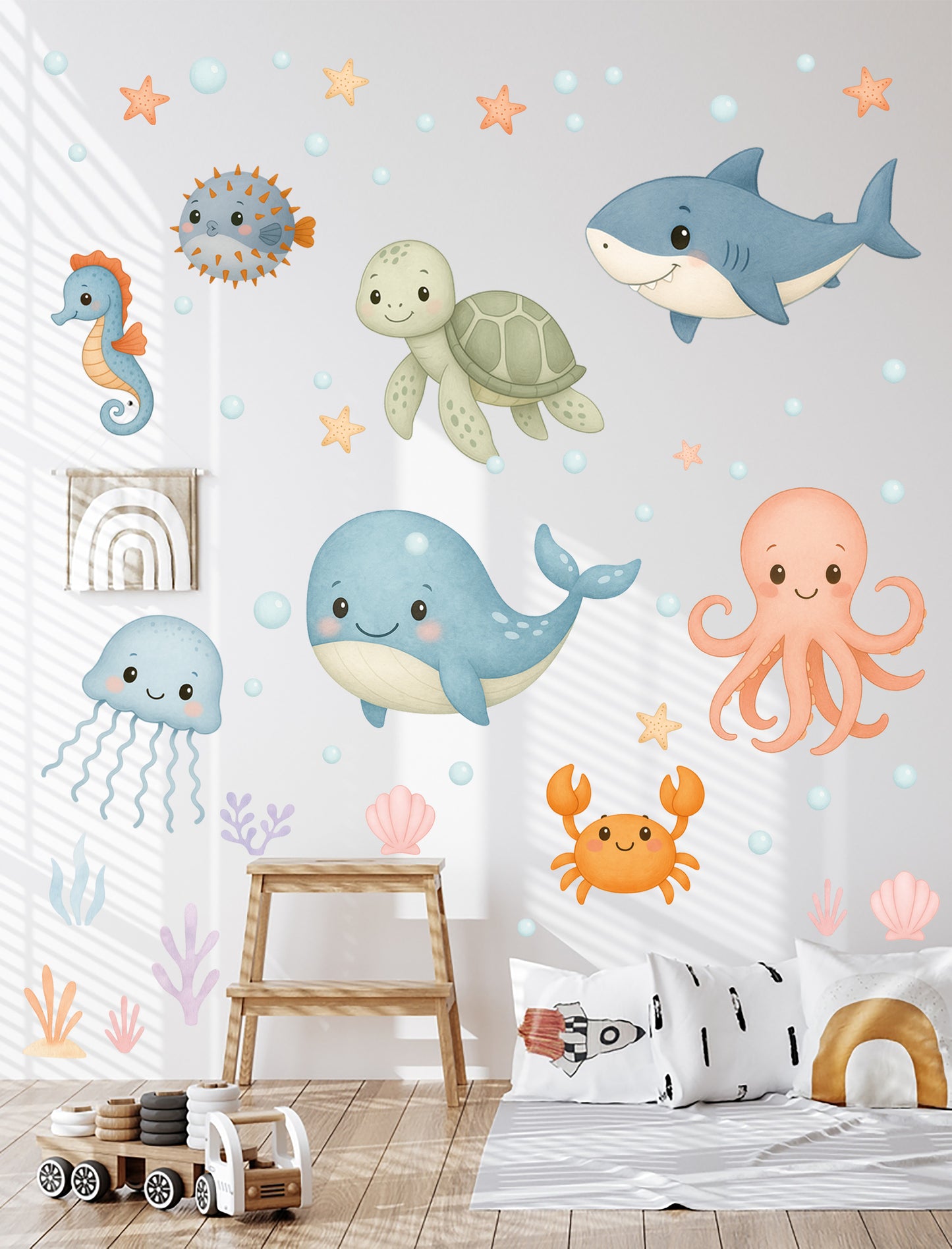 Sevimli Pastel Deniz Canlıları – Balık, Yengeç, Ahtapot, Kaplumbağa Duşakabin & Banyo Duvar Sticker Seti