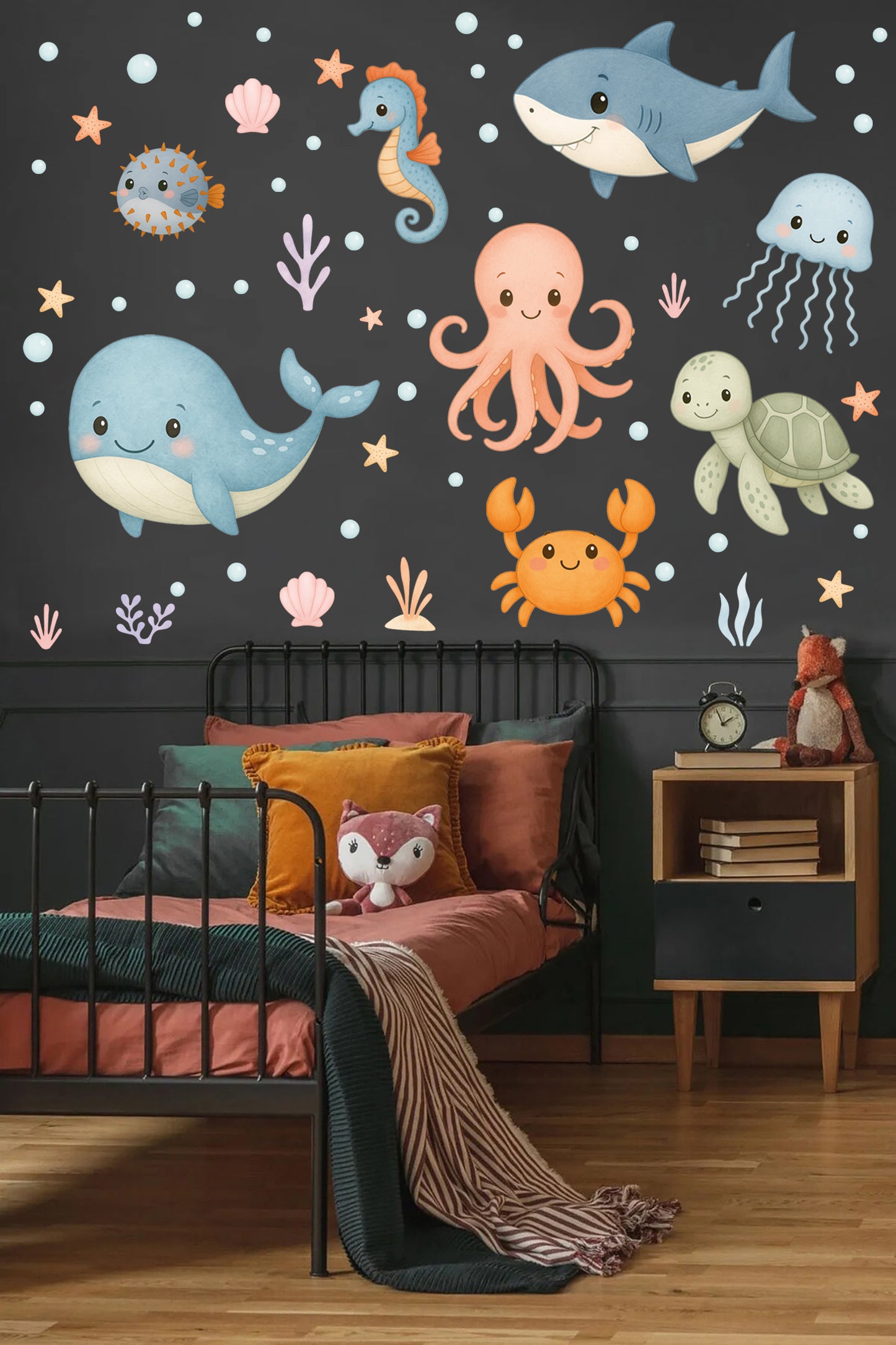 Sevimli Pastel Deniz Canlıları – Balık, Yengeç, Ahtapot, Kaplumbağa Duşakabin & Banyo Duvar Sticker Seti