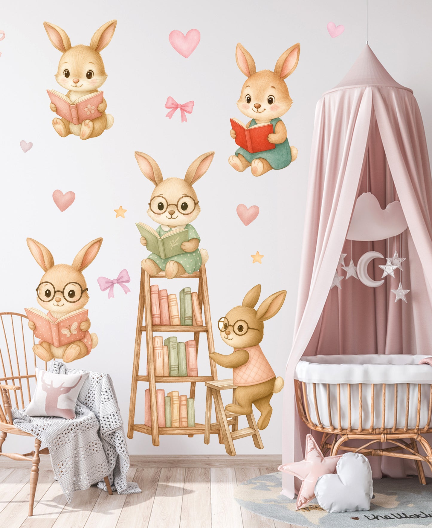 Okuma Zamanı Sevimli Tavşanlar Sulu Boya Çocuk Odası Duvar Sticker Seti
