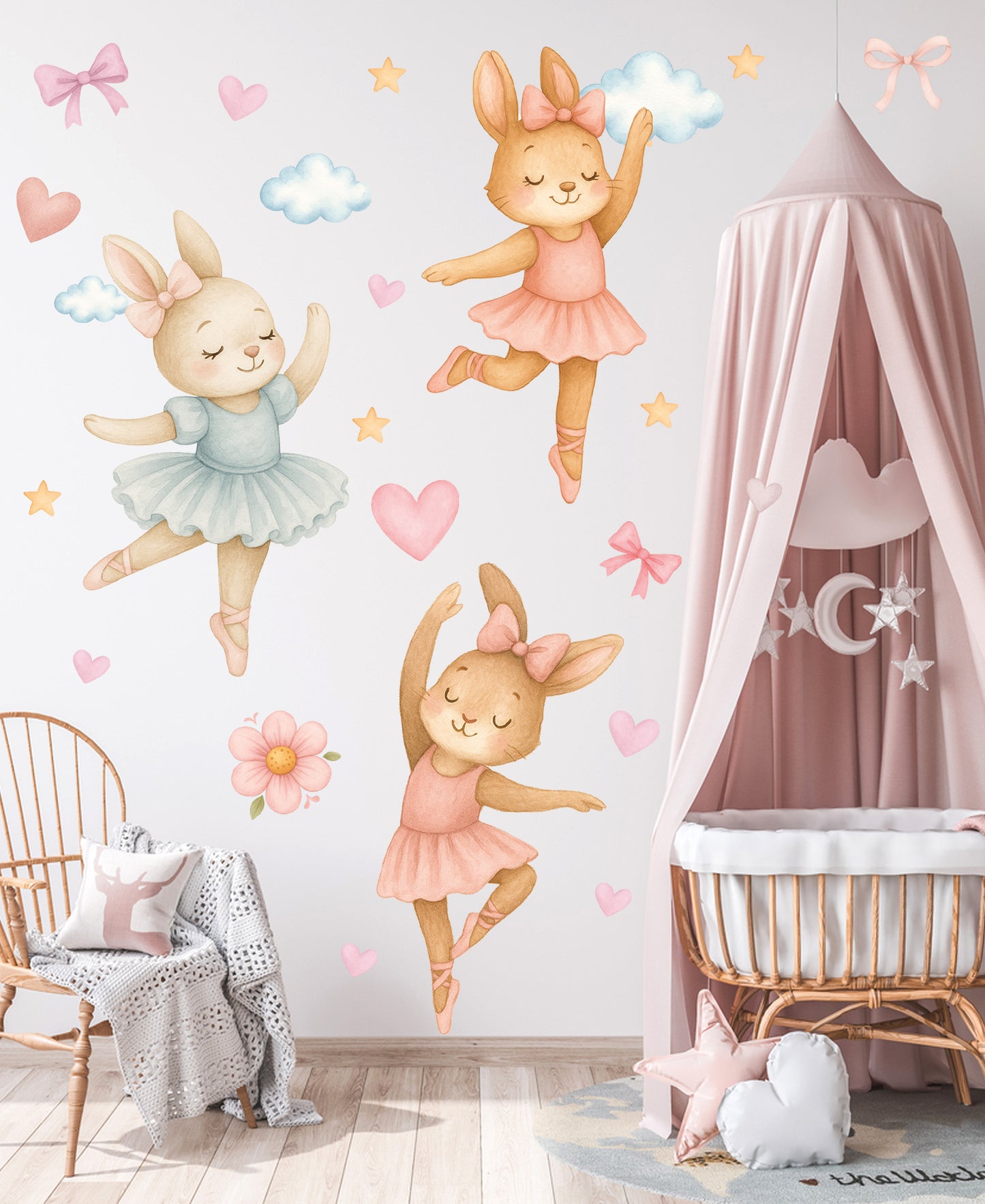 Sulu Boya Balerin Tavşanlar Çocuk Odası Duvar Sticker Seti – Pastel Pembe Mavi Dekor