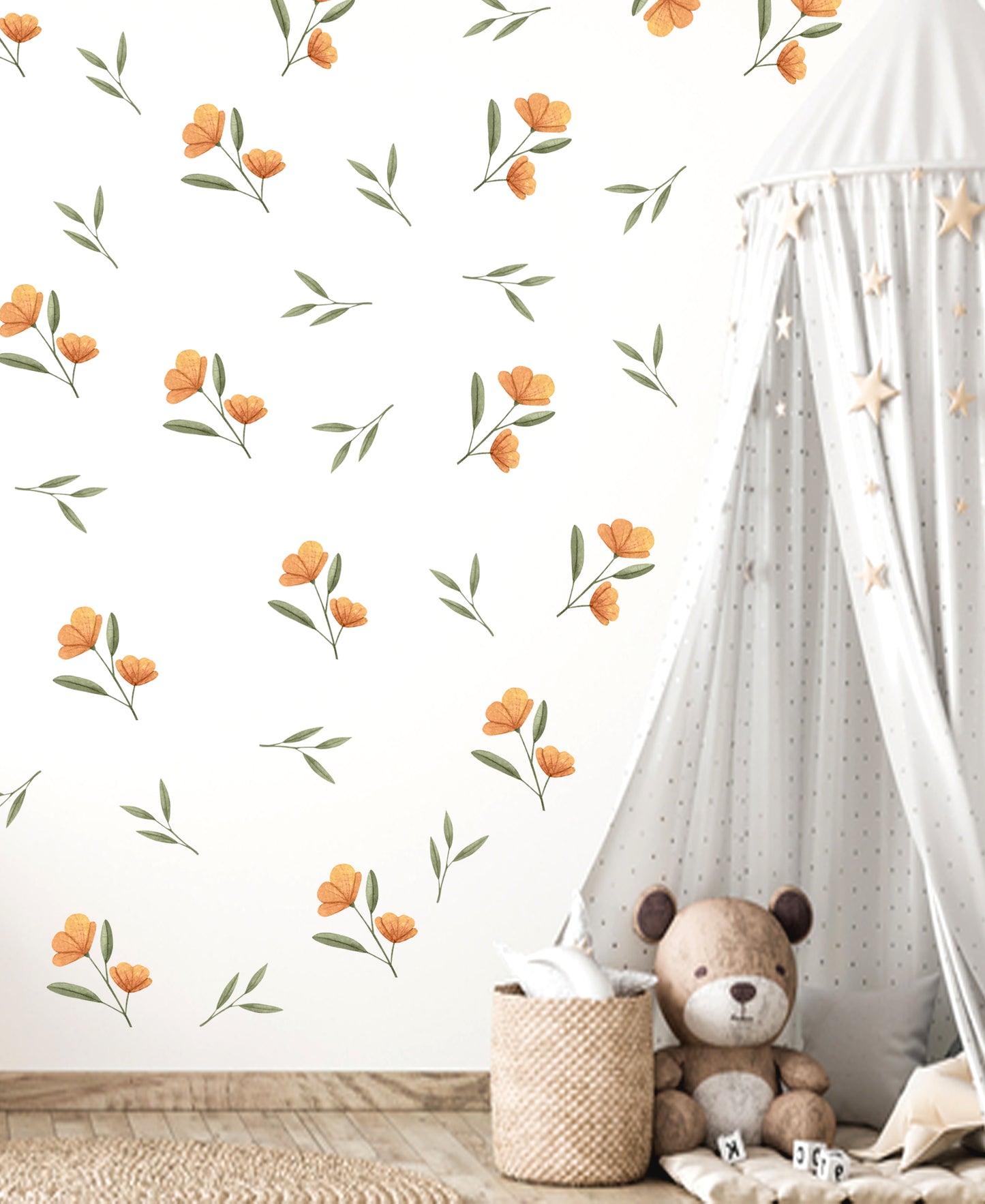 Turuncu Çiçekler ve Yapraklar Pastel Tonlu Duvar Sticker Seti
