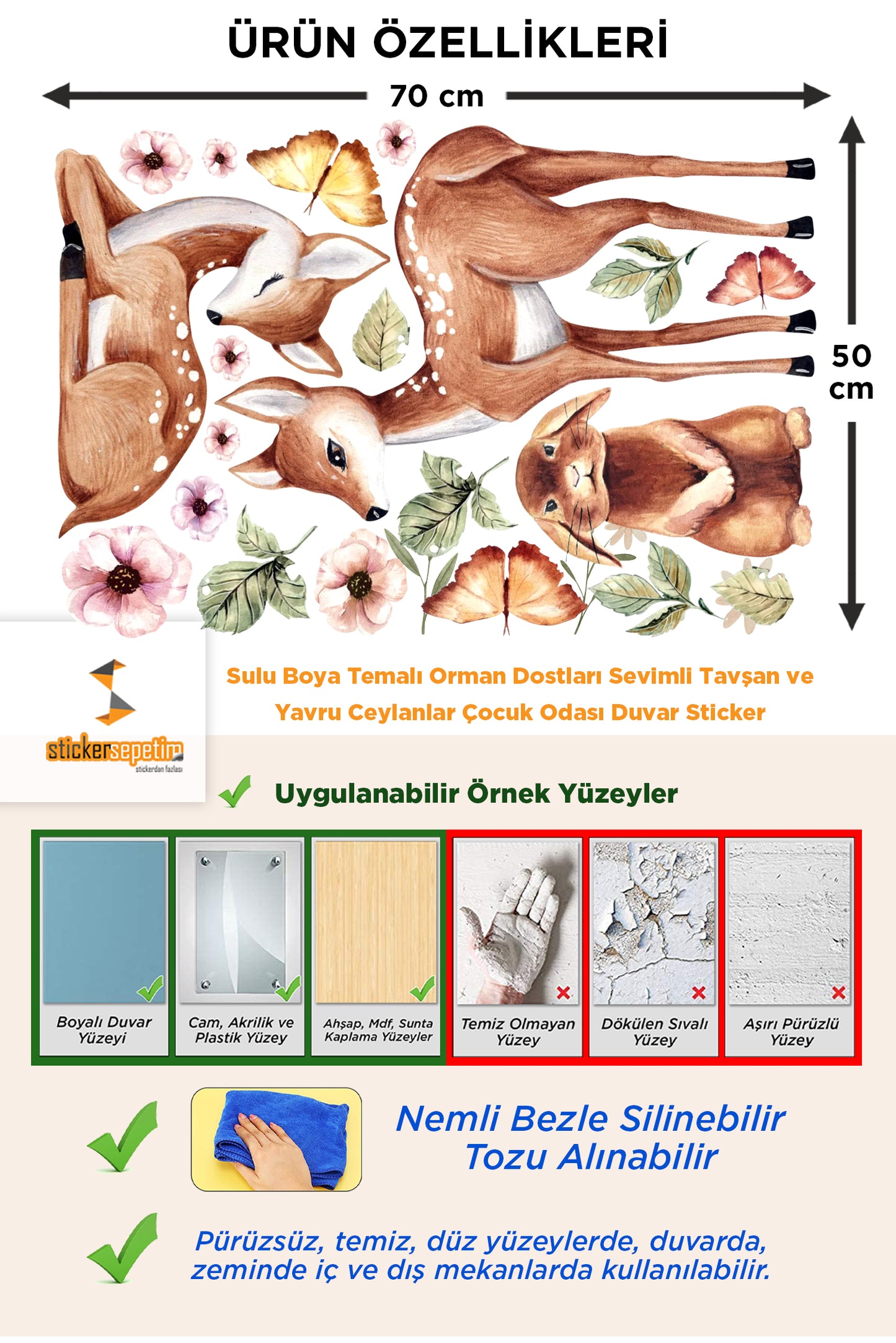 Sulu Boya Temalı Orman Dostları Sevimli Tavşan ve Yavru Ceylanlar Çocuk Odası Duvar Sticker