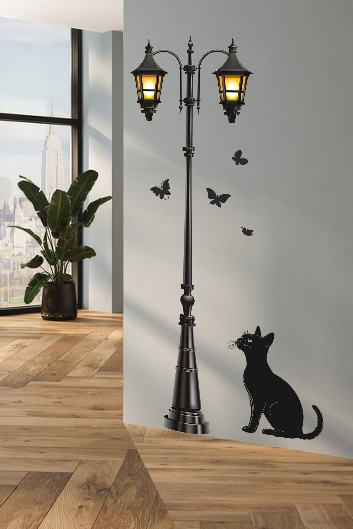 Sokak Lambası Bakan Kedi ve Kelebekler Dekotaratif Duvar Sticker