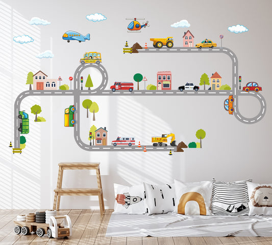 Kasaba Temalı Yol ve Araçlar Çocuk Odası Duvar Stickerı Duvar Dekoru
