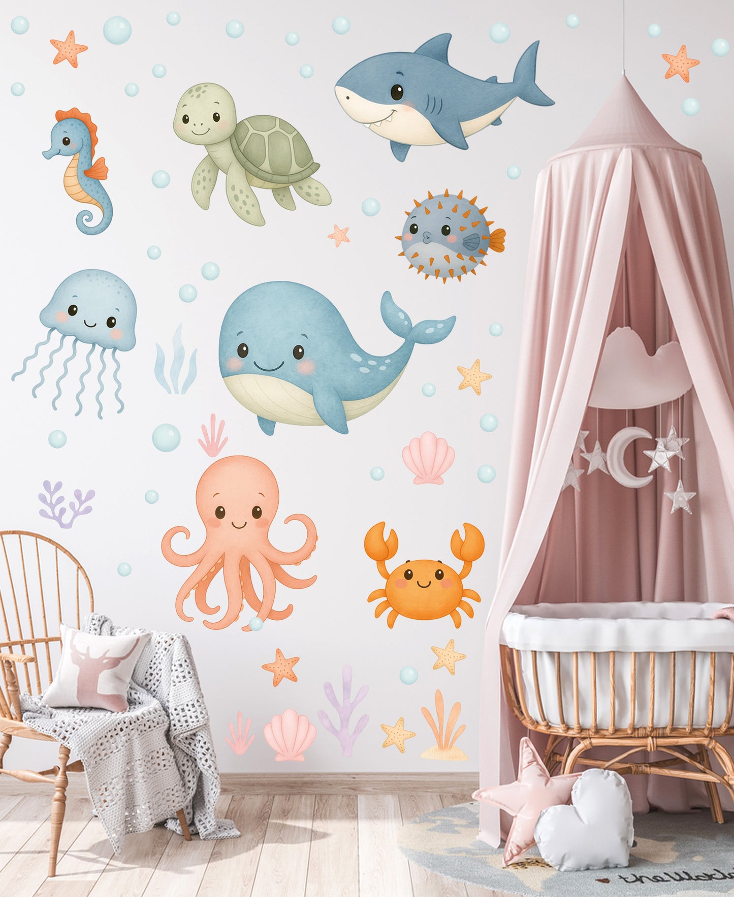 Sevimli Pastel Deniz Canlıları – Balık, Yengeç, Ahtapot, Kaplumbağa Duşakabin & Banyo Duvar Sticker Seti
