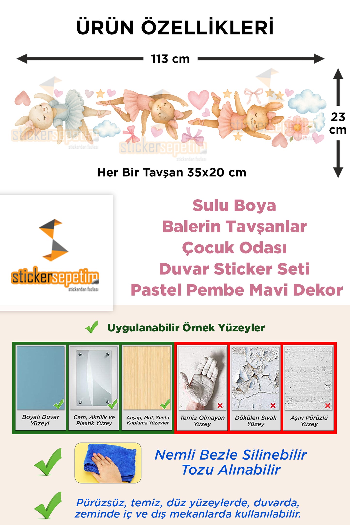 Sulu Boya Balerin Tavşanlar Çocuk Odası Duvar Sticker Seti – Pastel Pembe Mavi Dekor