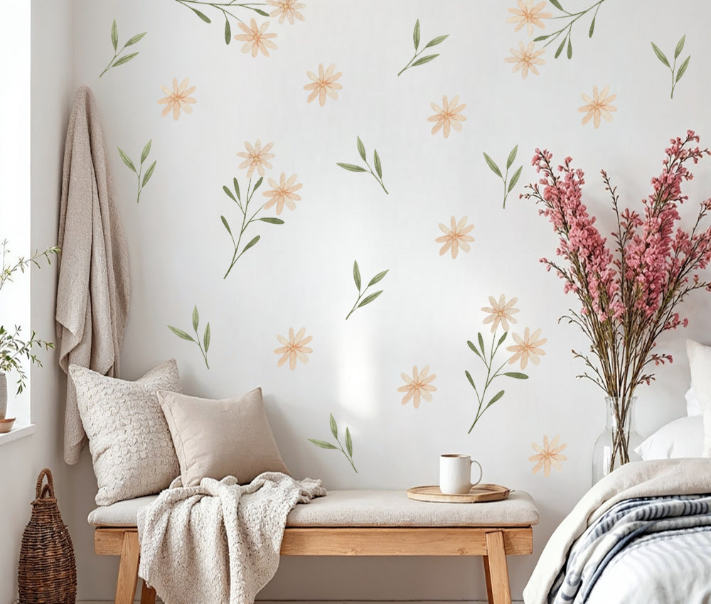 Pastel Desenli Yapraklar ve Çiçekler Duvar Sticker Seti