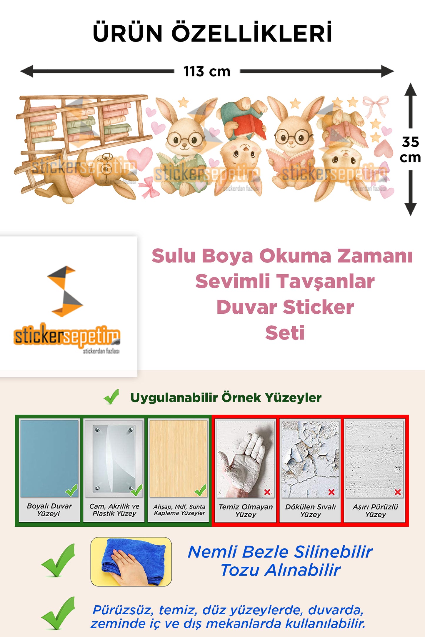 Okuma Zamanı Sevimli Tavşanlar Sulu Boya Çocuk Odası Duvar Sticker Seti