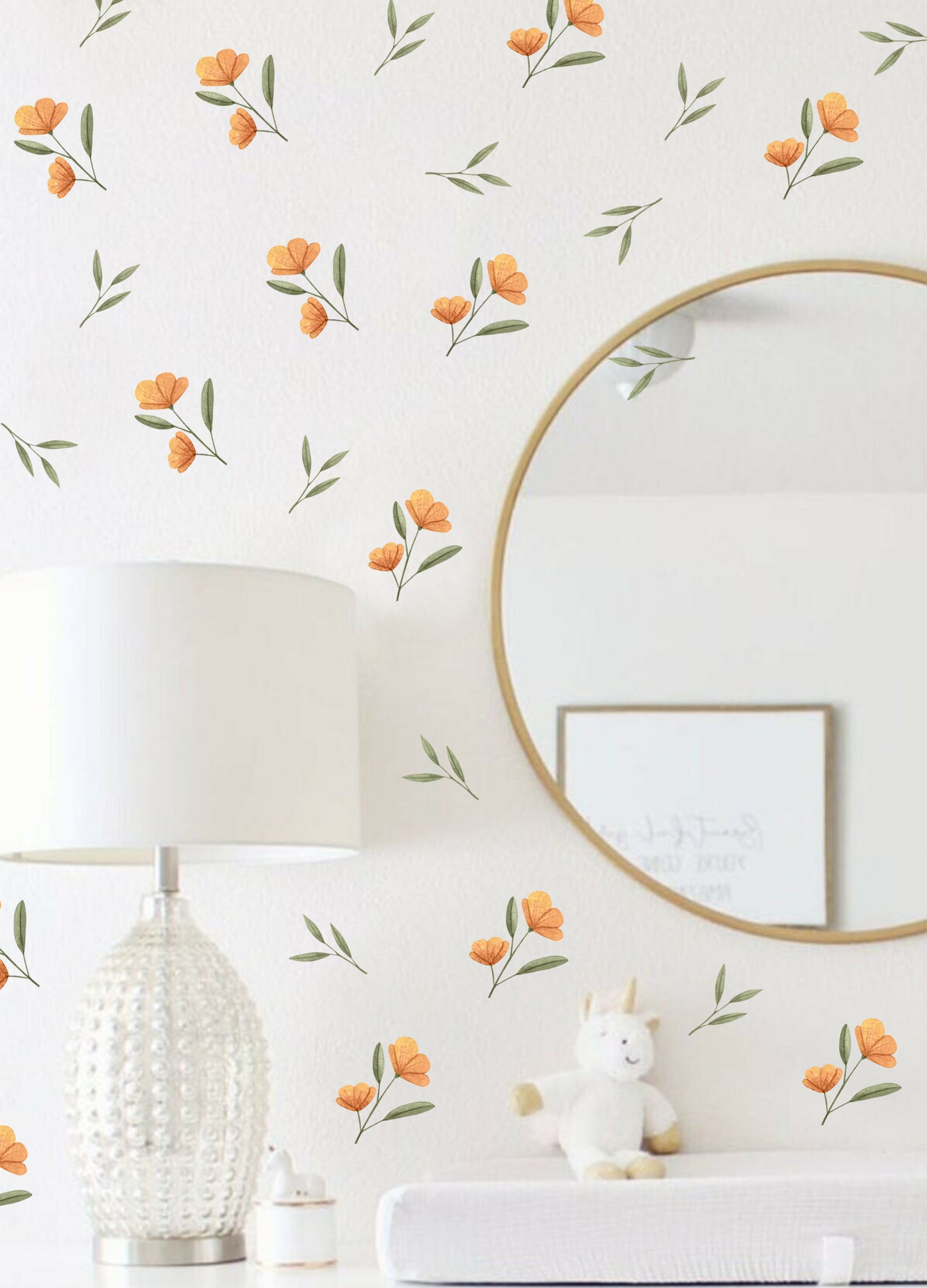 Turuncu Çiçekler ve Yapraklar Pastel Tonlu Duvar Sticker Seti