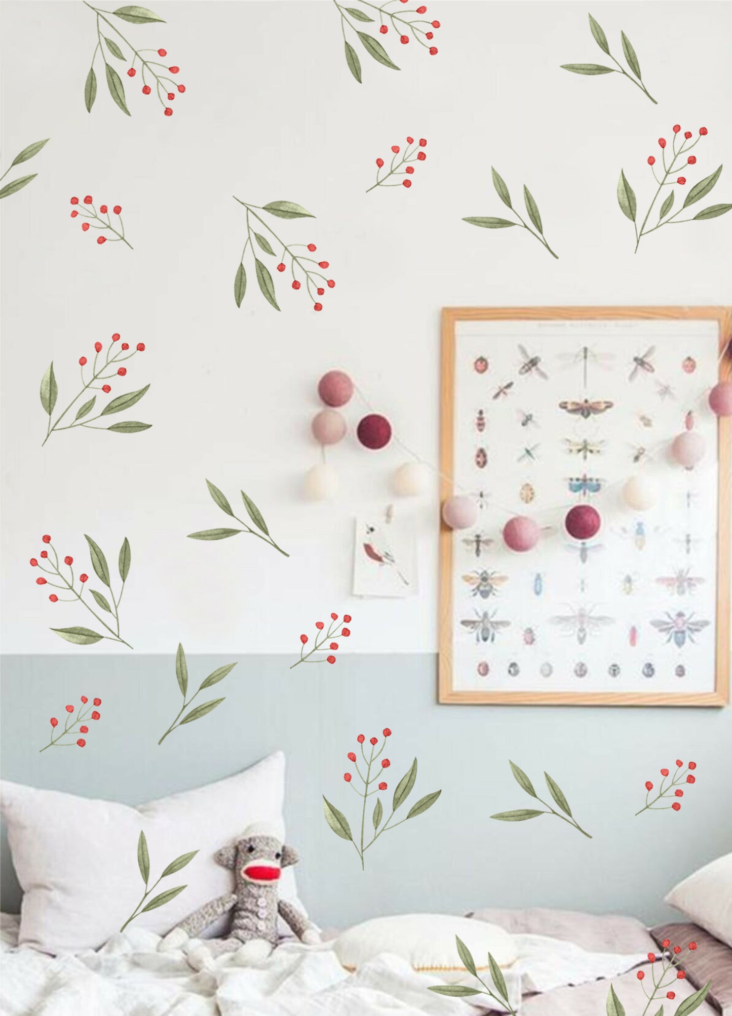 Çiçek ve Yaprak Desenli Pastel Tonlu Duvar Sticker Seti
