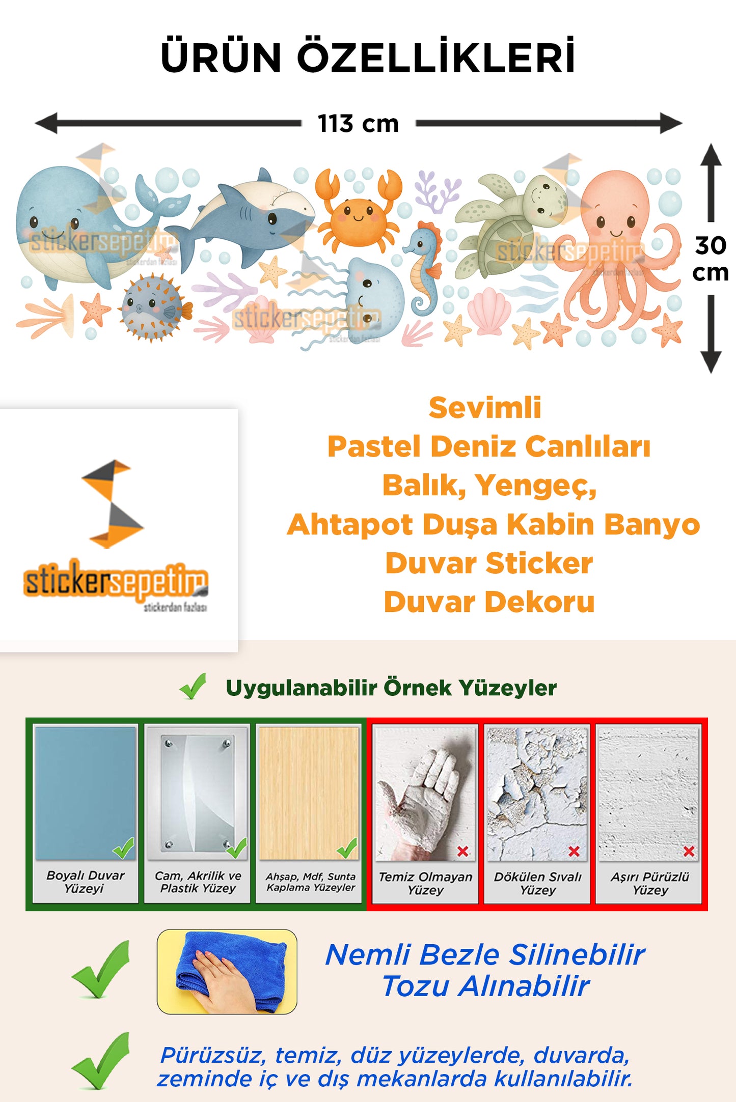 Sevimli Pastel Deniz Canlıları – Balık, Yengeç, Ahtapot, Kaplumbağa Duşakabin & Banyo Duvar Sticker Seti