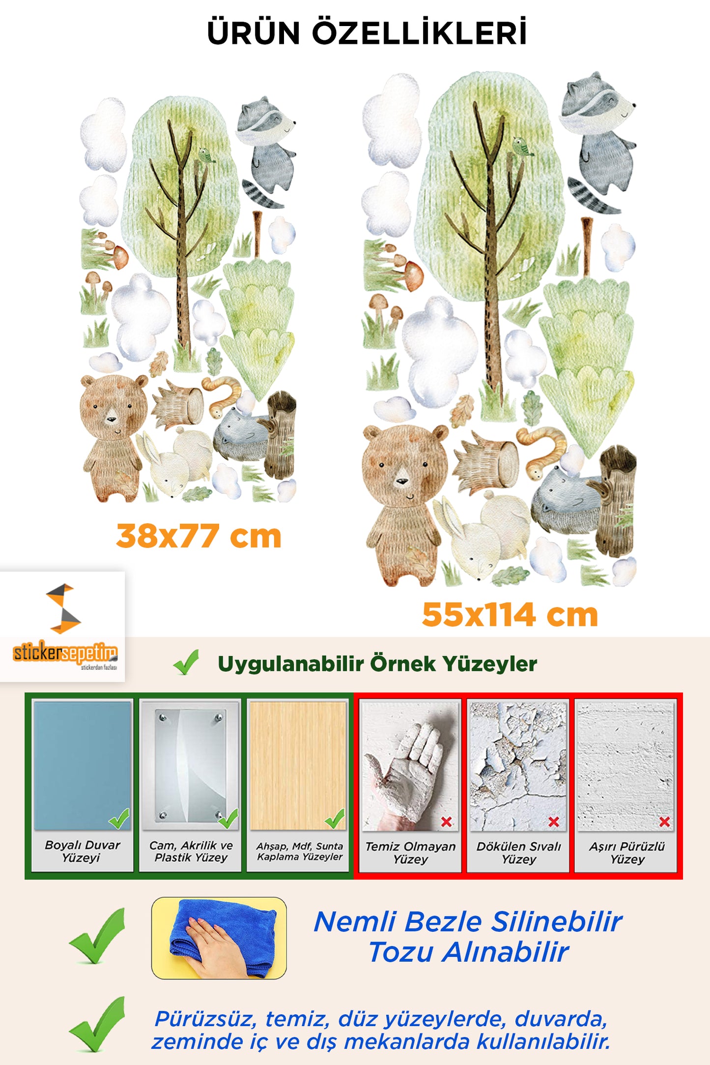 Sulu Boya Temalı Orman Hayvanları Ağaçlar ve Bulutlar Çocuk Odası Duvar Sticker