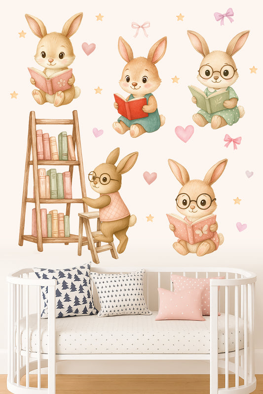Okuma Zamanı Sevimli Tavşanlar Sulu Boya Çocuk Odası Duvar Sticker Seti
