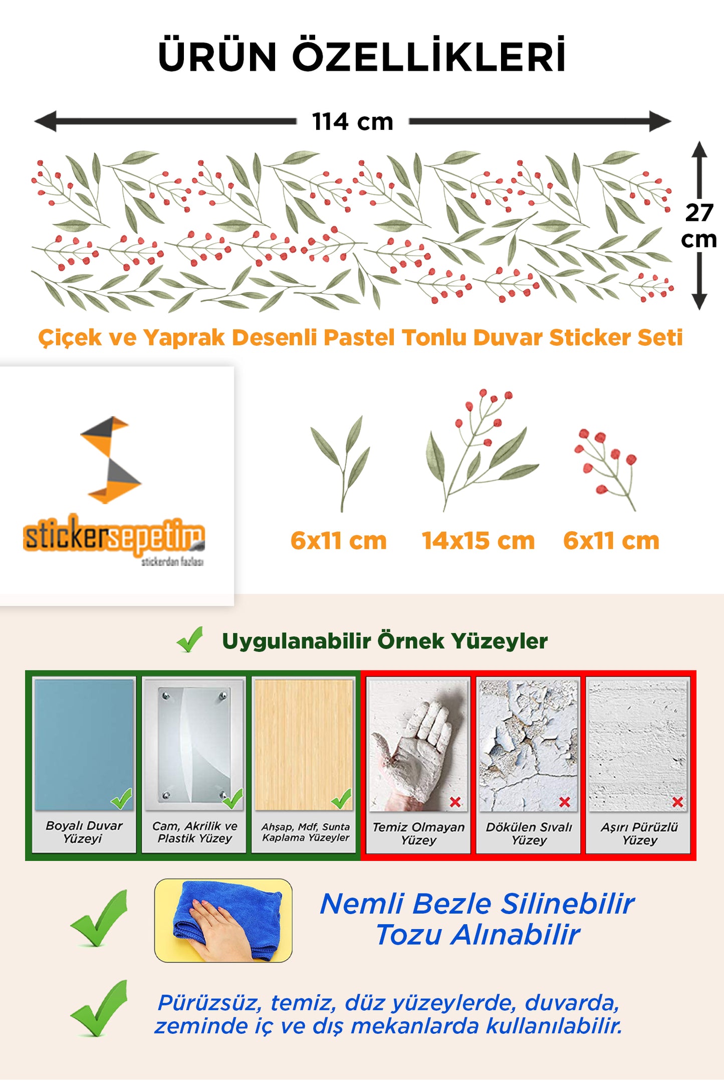 Çiçek ve Yaprak Desenli Pastel Tonlu Duvar Sticker Seti