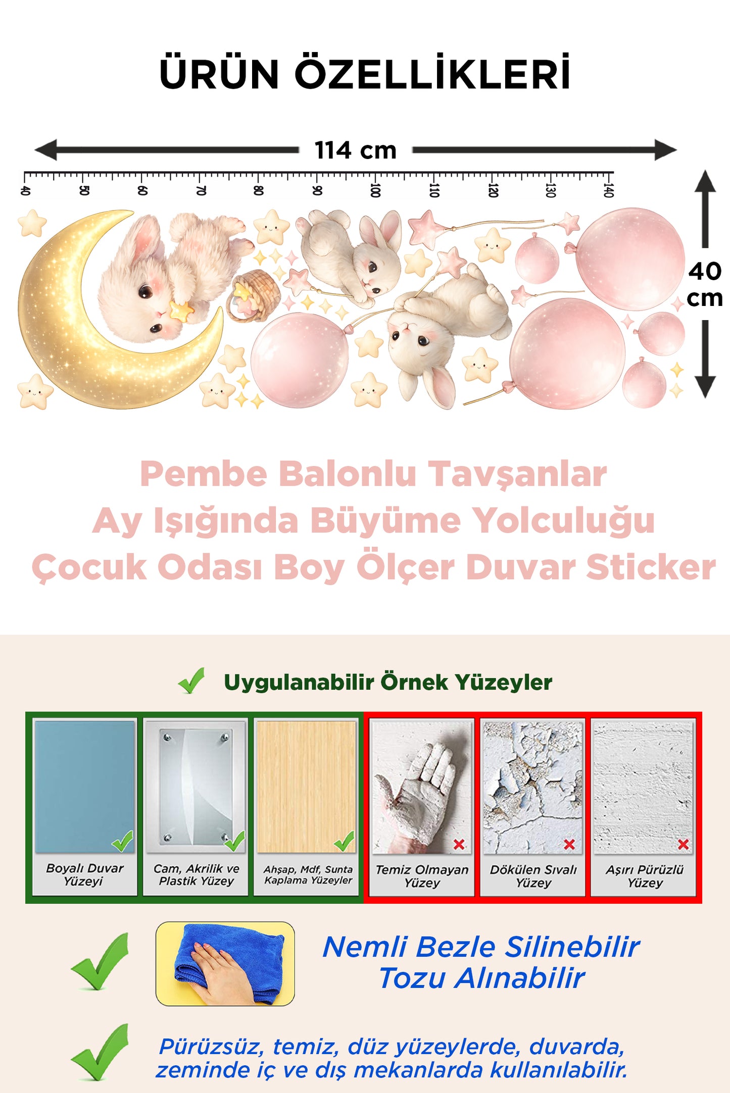 Pembe Balonlu Tavşanlar – Ay Işığında Büyüme Yolculuğu | Boy Ölçer  Çocuk Odası Duvar Sticker