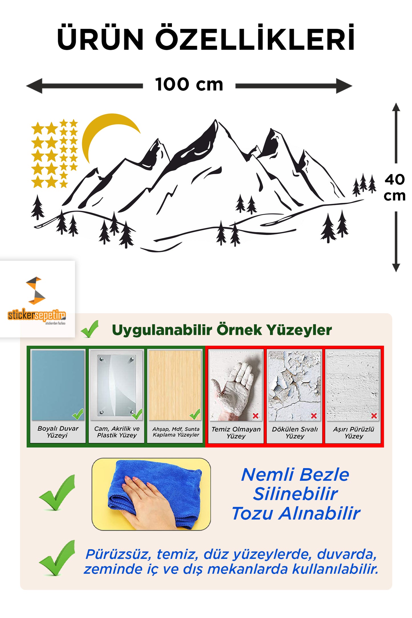 Gece Gökyüzü Dağlar , Ay Ve Yıldızlar Çocuk Odası Duvar Sticker