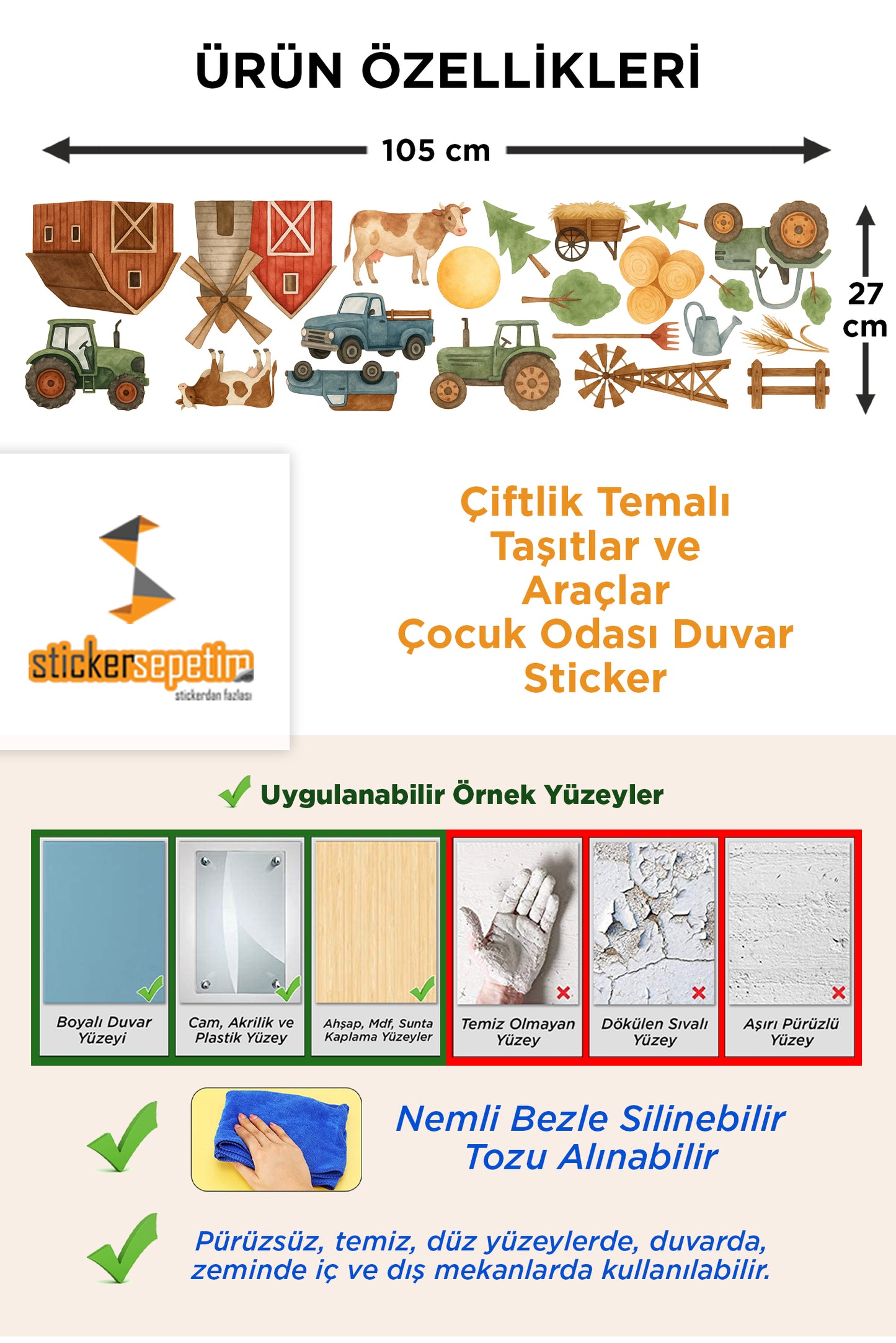 Çiftlik Temalı Taşıtlar ve Araçlar Çocuk Odası Duvar Sticker