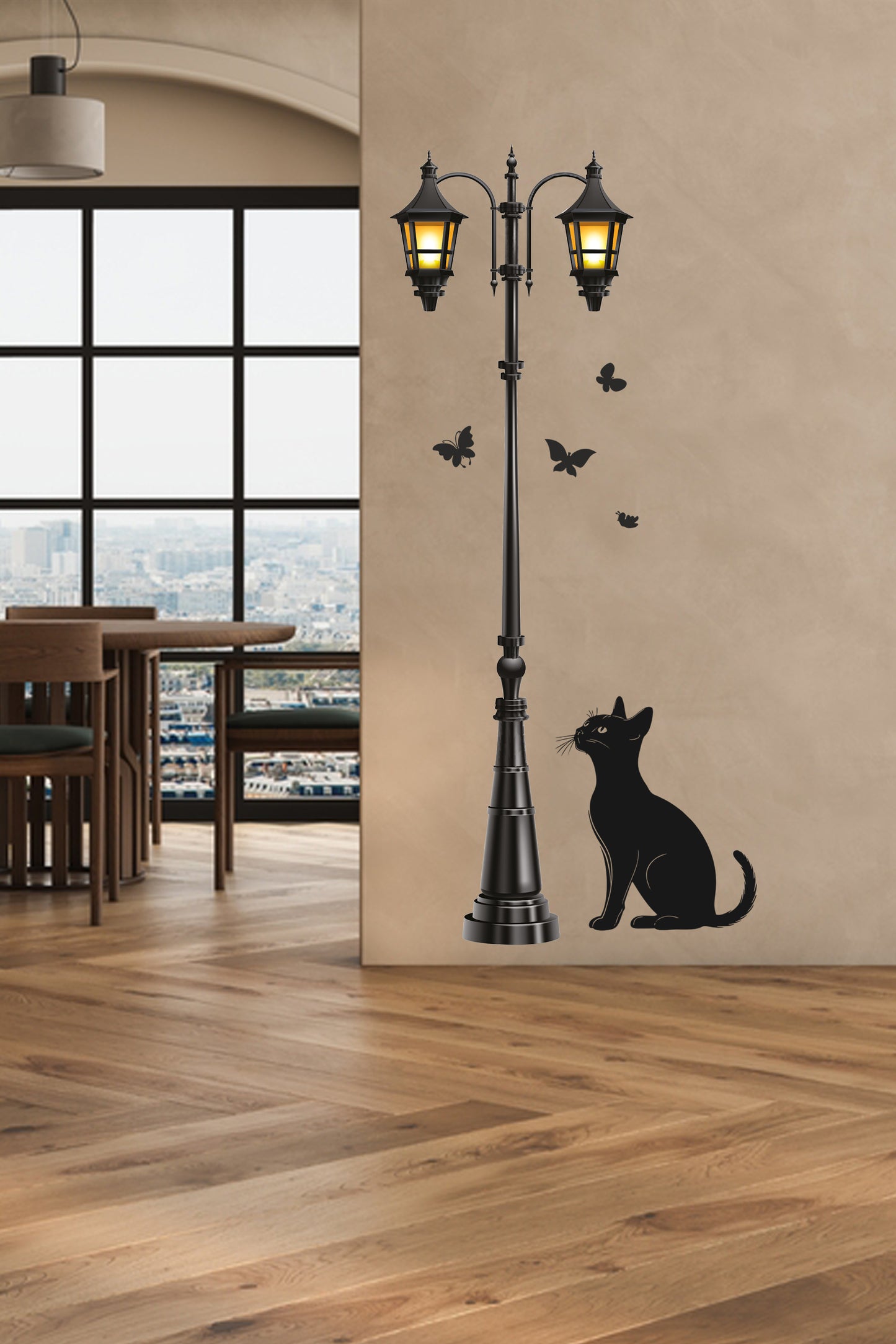 Sokak Lambası Bakan Kedi ve Kelebekler Dekotaratif Duvar Sticker