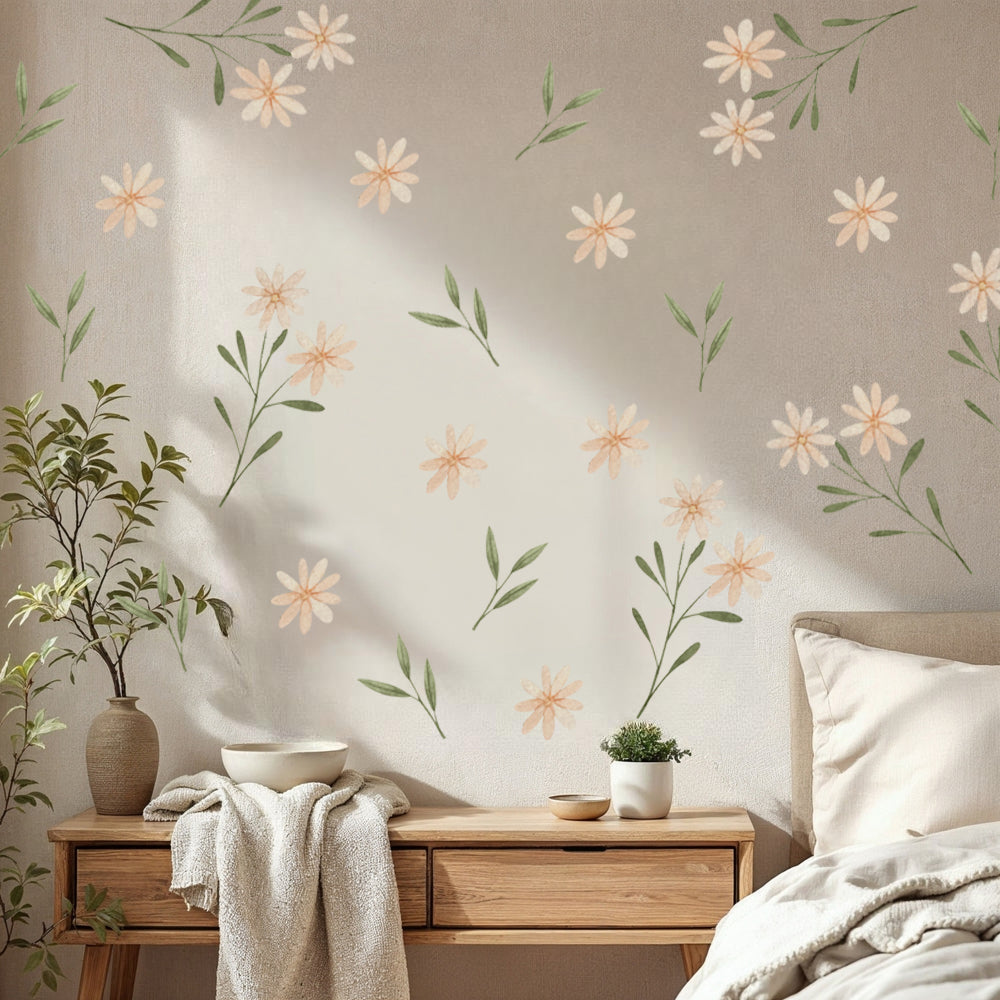 Pastel Desenli Yapraklar ve Çiçekler Duvar Sticker Seti
