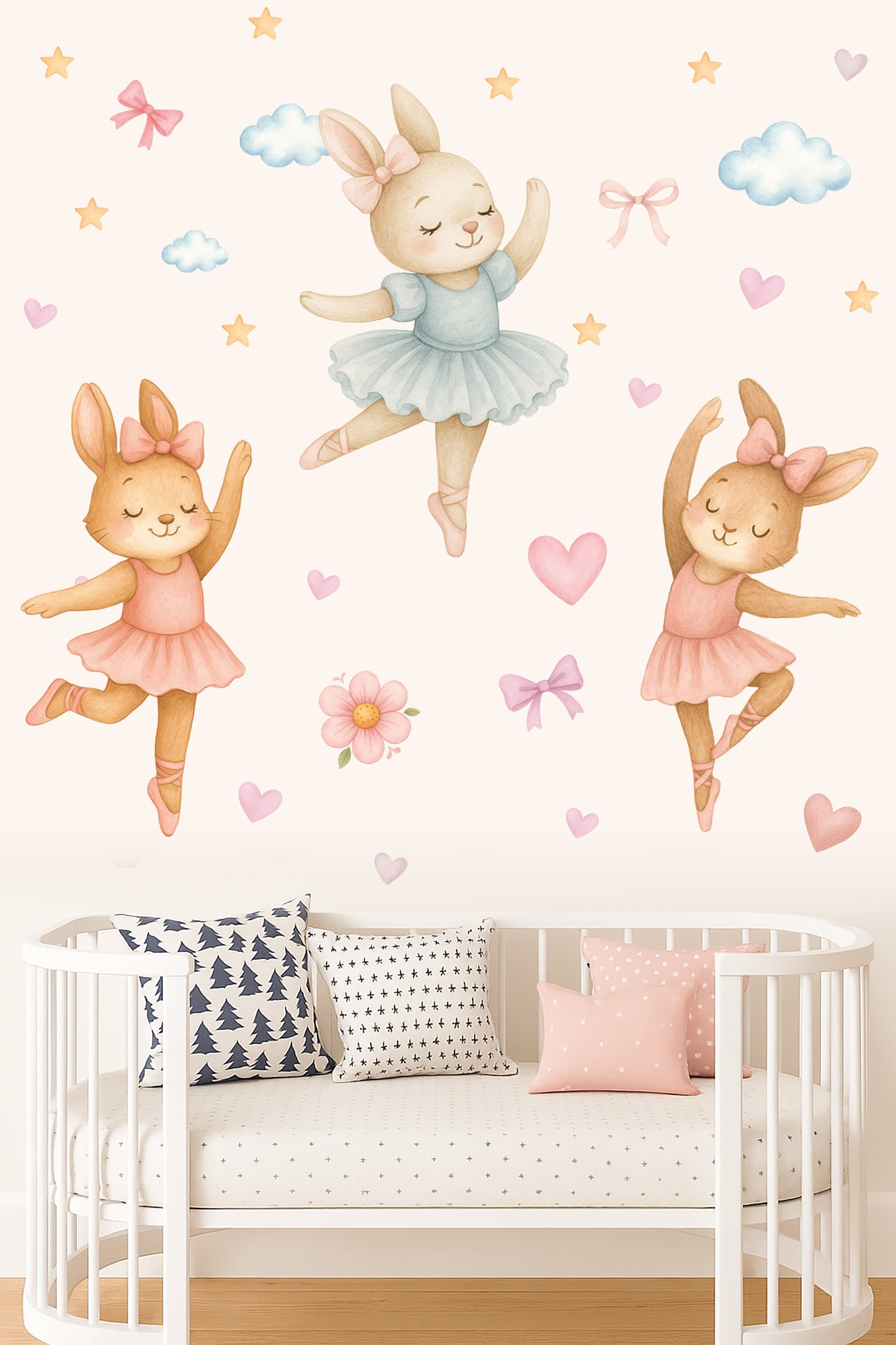 Sulu Boya Balerin Tavşanlar Çocuk Odası Duvar Sticker Seti – Pastel Pembe Mavi Dekor