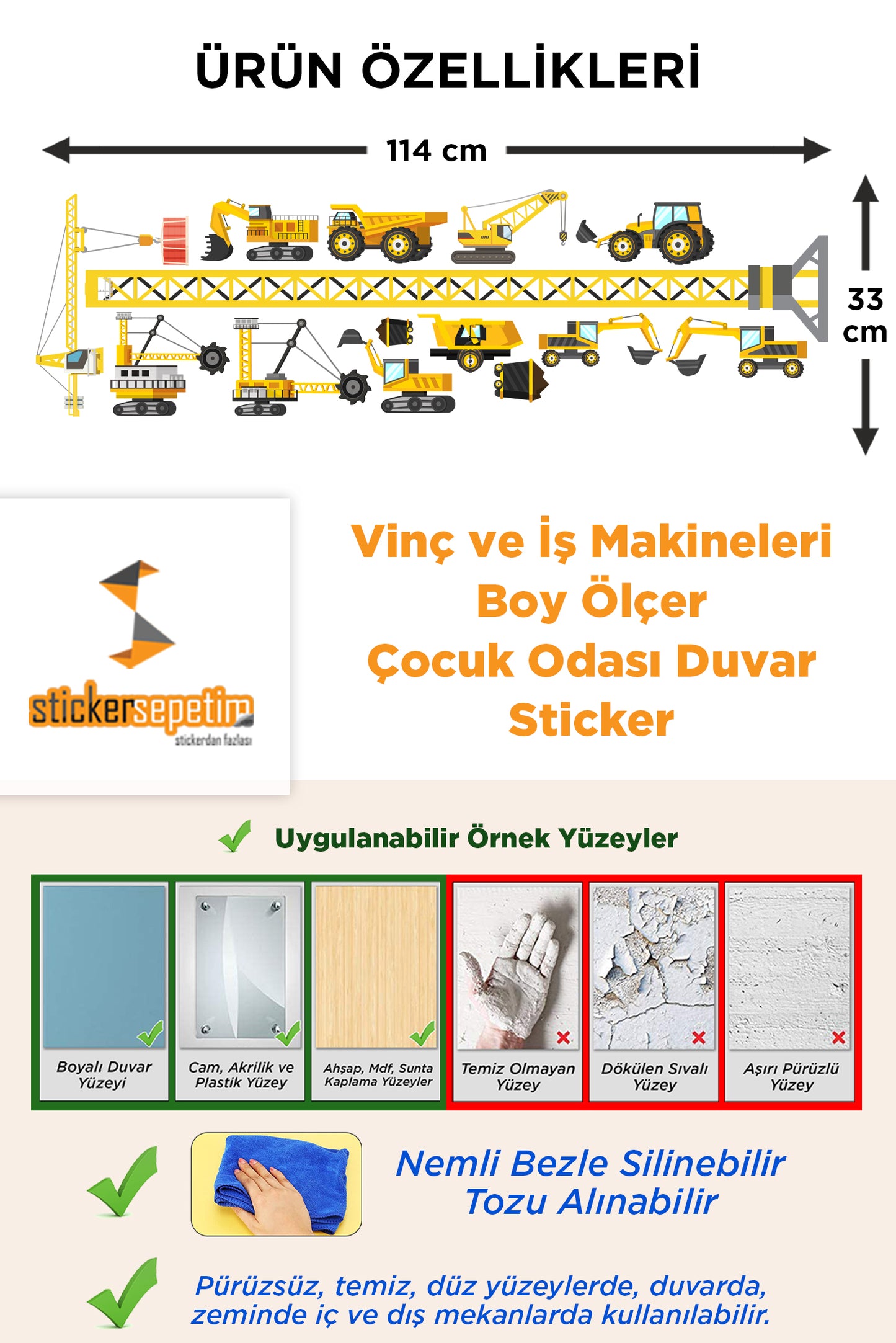 Vinç ve Minik İş Makineleri Boy Ölçer Çocuk Odası Duvar Sticker