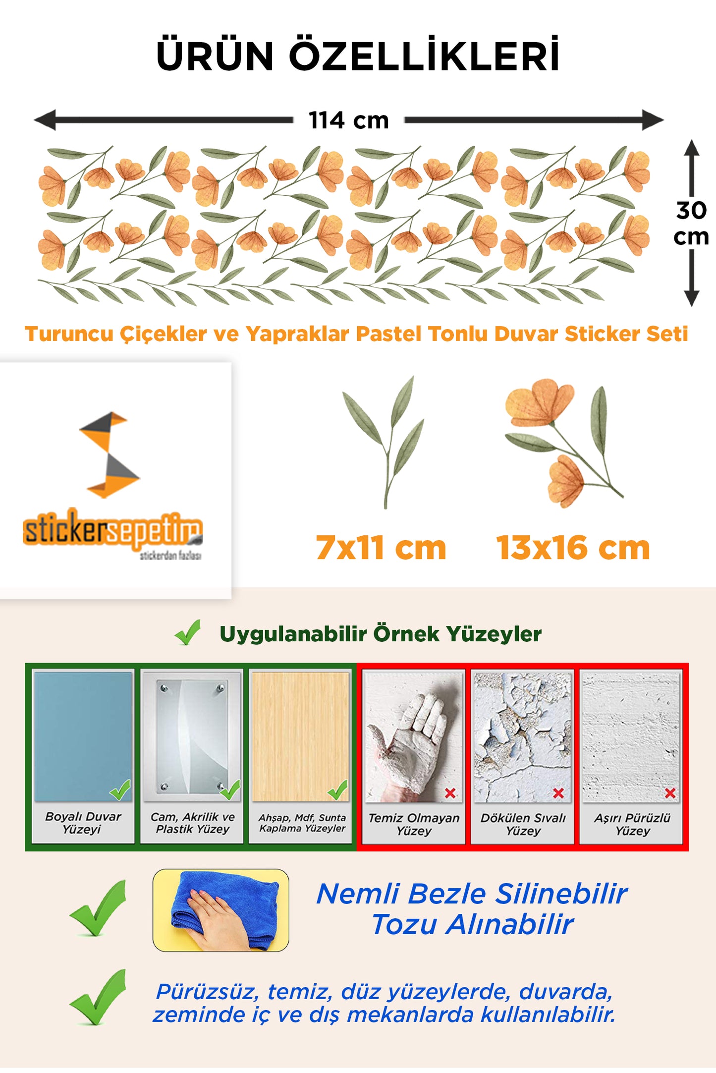 Turuncu Çiçekler ve Yapraklar Pastel Tonlu Duvar Sticker Seti