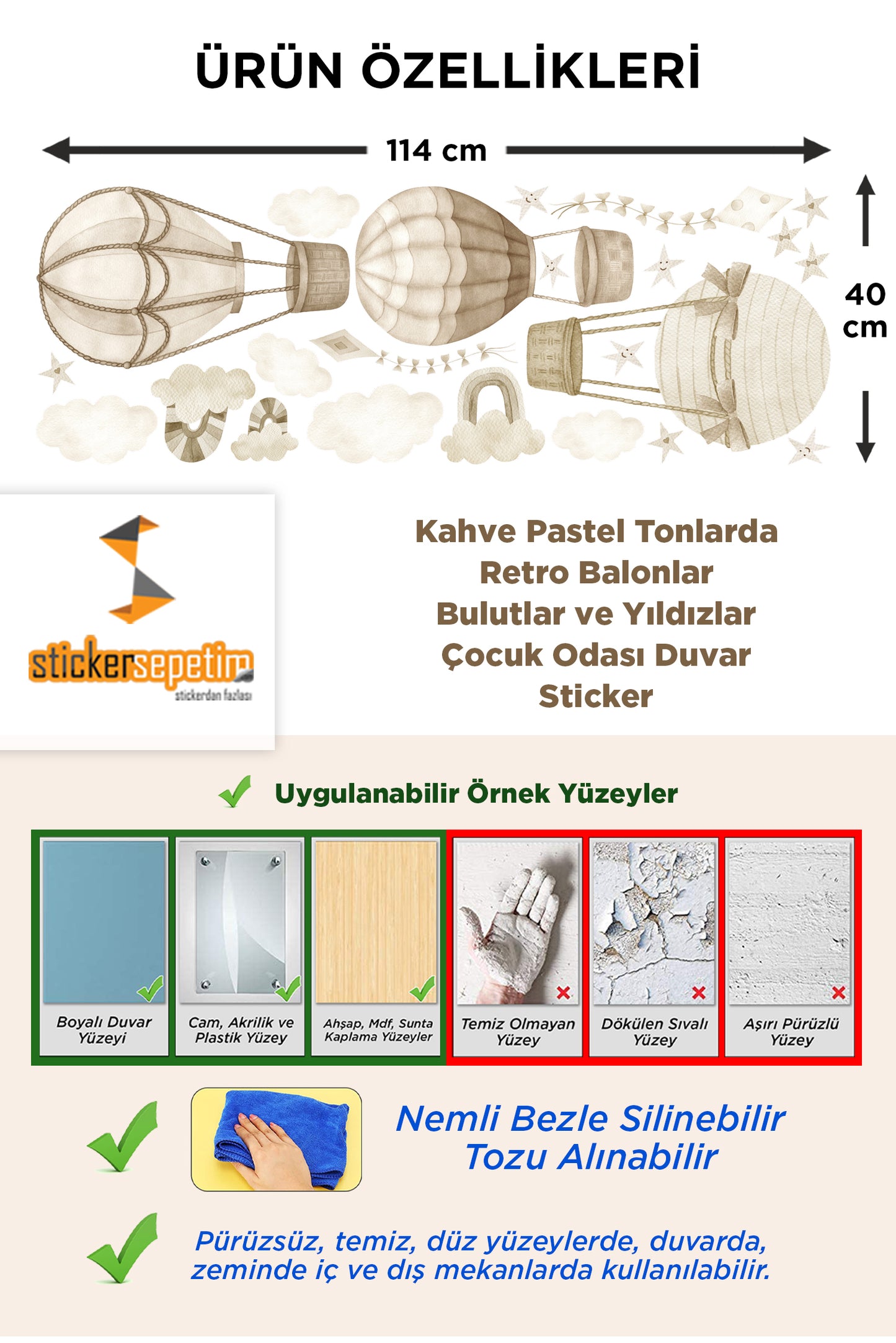 Kahve Pastel Tonlarda Retro Balonlar Bulutlar ve Yıldızlar Çocuk Odası Duvar Sticker