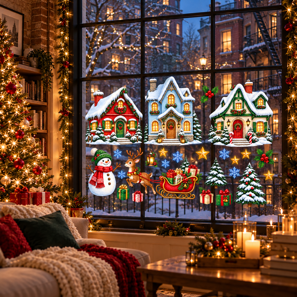 Christmas Karlı Şehir Kış Yılbaşı Dekor Cam ve Duvar Sticker Seti