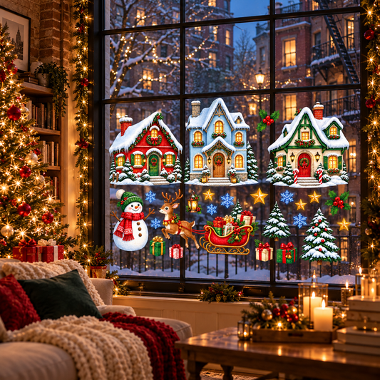 Christmas Karlı Şehir Kış Yılbaşı Dekor Cam ve Duvar Sticker Seti