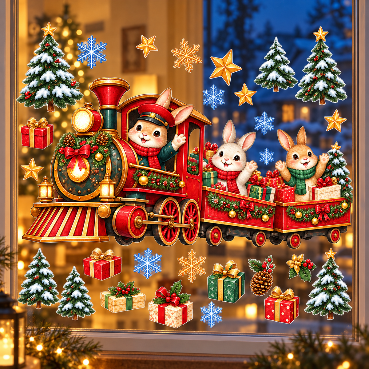 Christmas Kış Ekspresi Sevimli Tavşanlar Yılbaşı Cam ve Duvar Çocuk Odası Sticker Seti