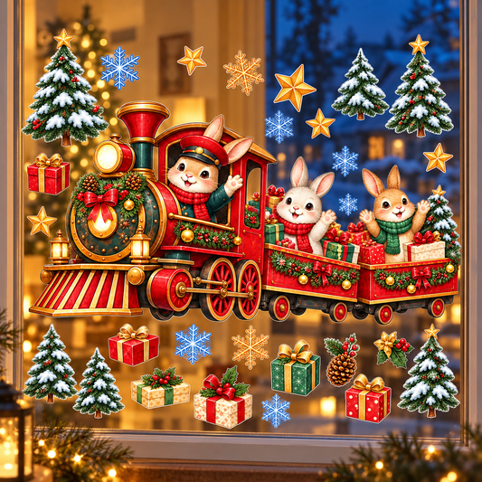 Christmas Kış Ekspresi Sevimli Tavşanlar Yılbaşı Cam ve Duvar Çocuk Odası Sticker Seti