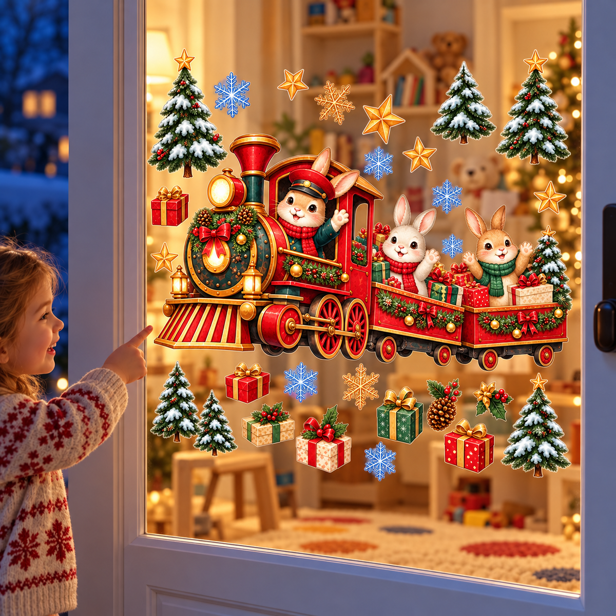 Christmas Kış Ekspresi Sevimli Tavşanlar Yılbaşı Cam ve Duvar Çocuk Odası Sticker Seti