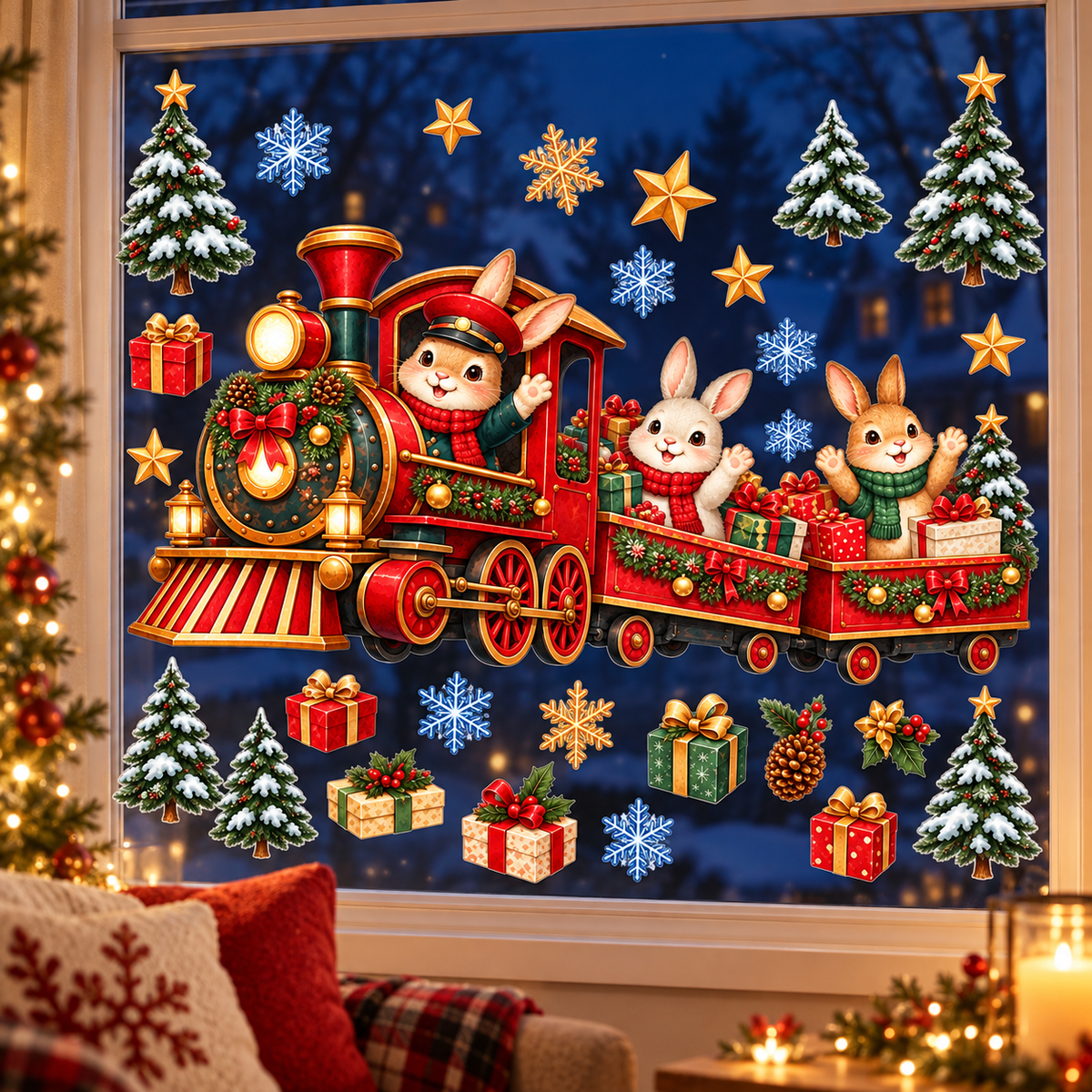 Christmas Kış Ekspresi Sevimli Tavşanlar Yılbaşı Cam ve Duvar Çocuk Odası Sticker Seti