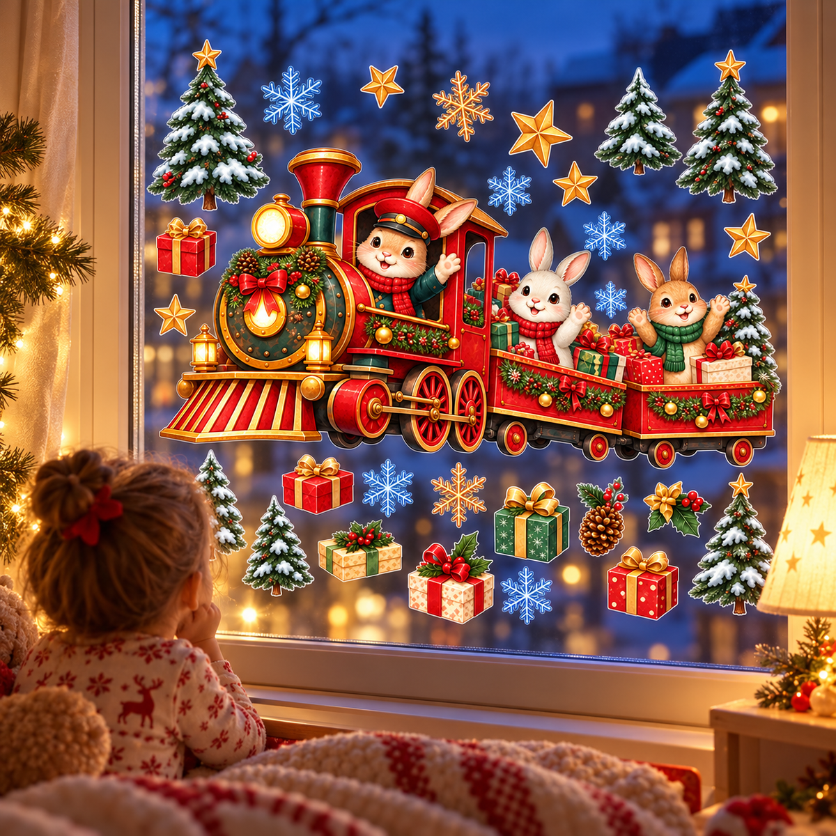 Christmas Kış Ekspresi Sevimli Tavşanlar Yılbaşı Cam ve Duvar Çocuk Odası Sticker Seti