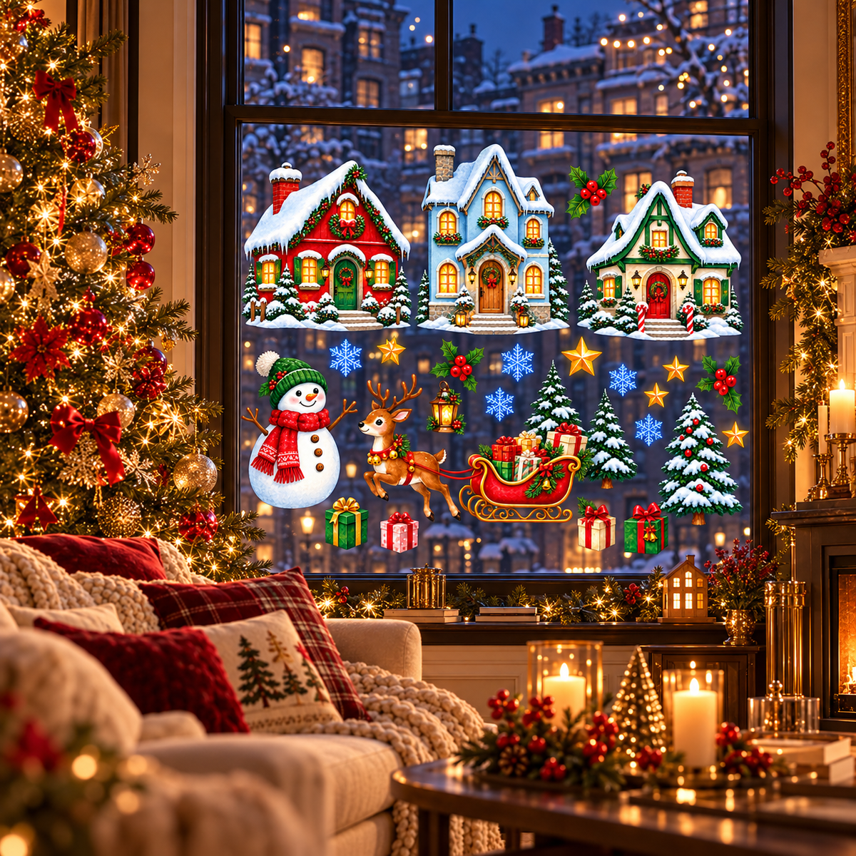 Christmas Karlı Şehir Kış Yılbaşı Dekor Cam ve Duvar Sticker Seti