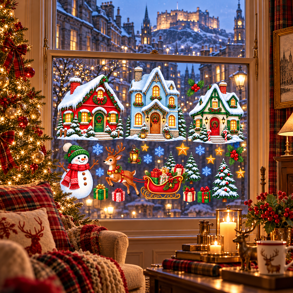 Christmas Karlı Şehir Kış Yılbaşı Dekor Cam ve Duvar Sticker Seti